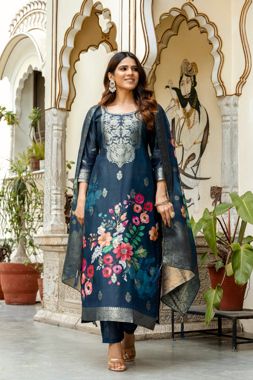 Banarasi Kurta Set with Floral Printed Dupatta