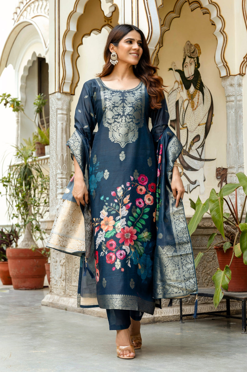 Banarasi Kurta Set with Floral Printed Dupatta