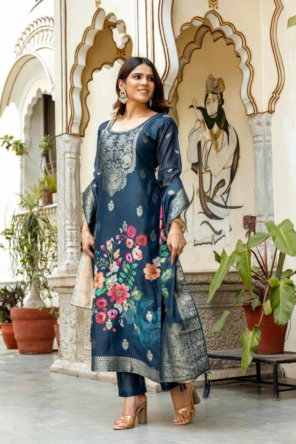Banarasi Kurta Set with Floral Printed Dupatta