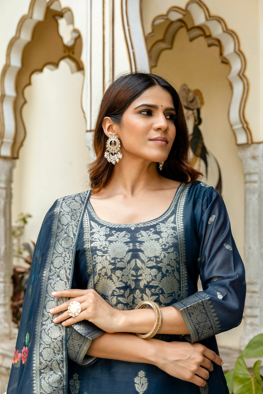 Banarasi Kurta Set with Floral Printed Dupatta