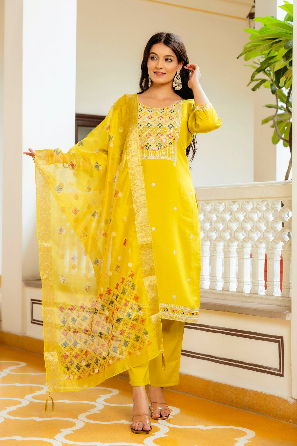 Sunshine Yellow Embroidered Suit Set with Organza Dupatta