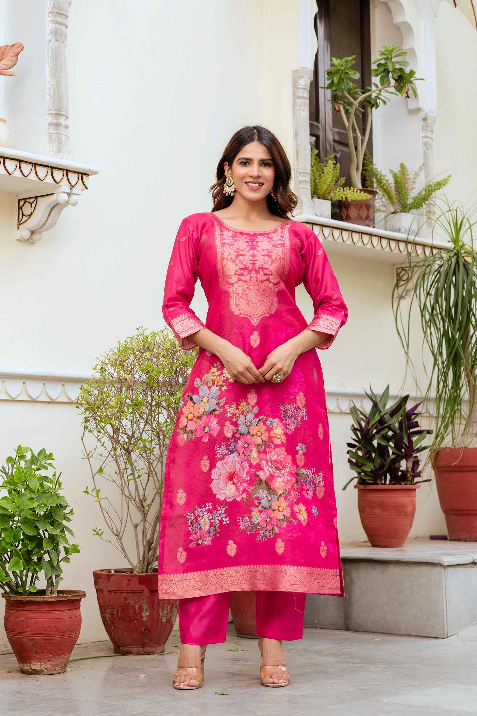 Banarasi Kurta Set with Floral Printed Dupatta