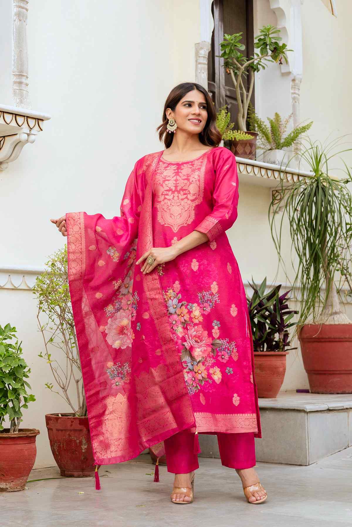 Banarasi Kurta Set with Floral Printed Dupatta