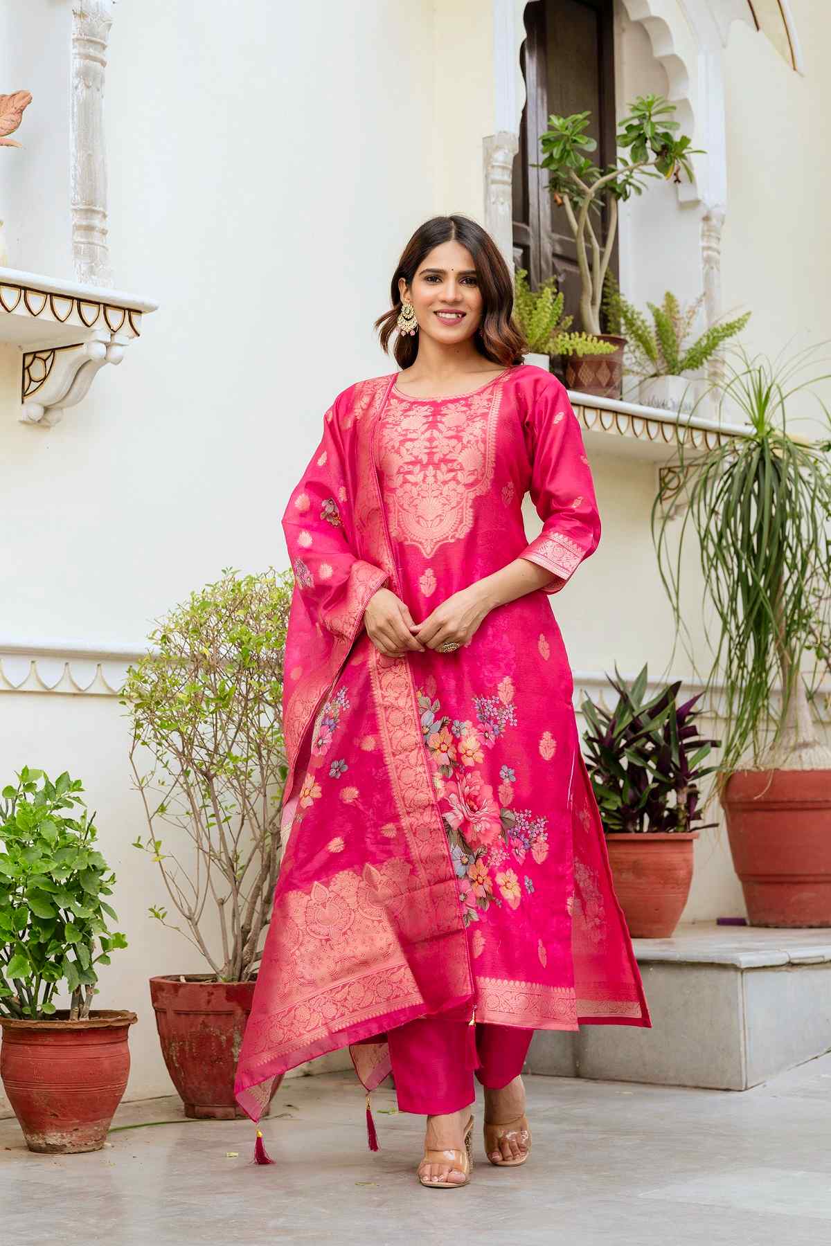 Banarasi Kurta Set with Floral Printed Dupatta