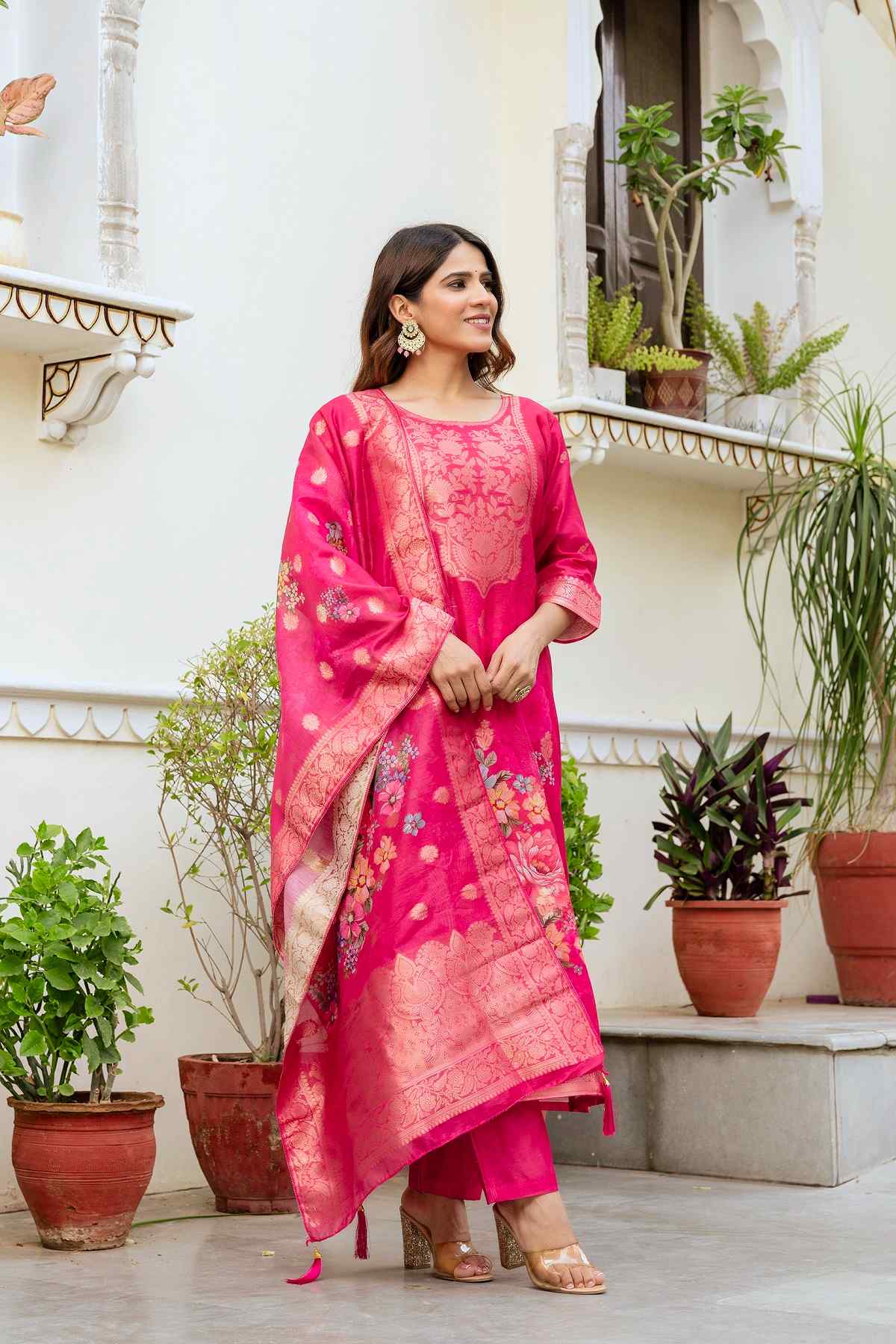 Banarasi Kurta Set with Floral Printed Dupatta