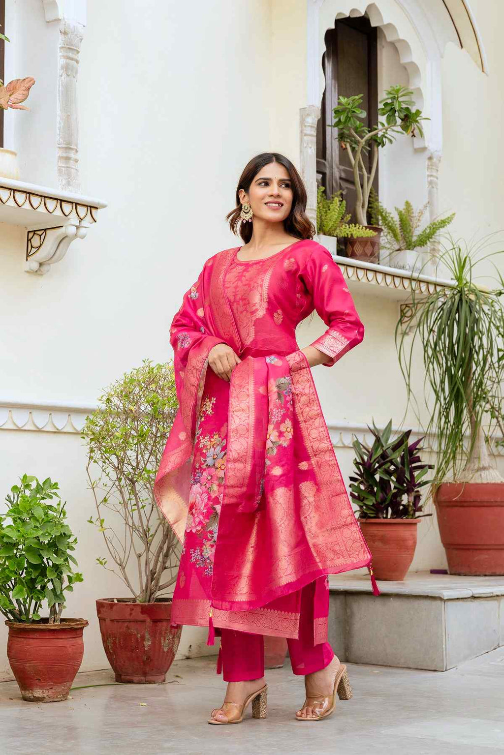 Banarasi Kurta Set with Floral Printed Dupatta