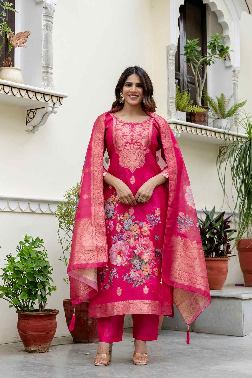 Banarasi Kurta Set with Floral Printed Dupatta