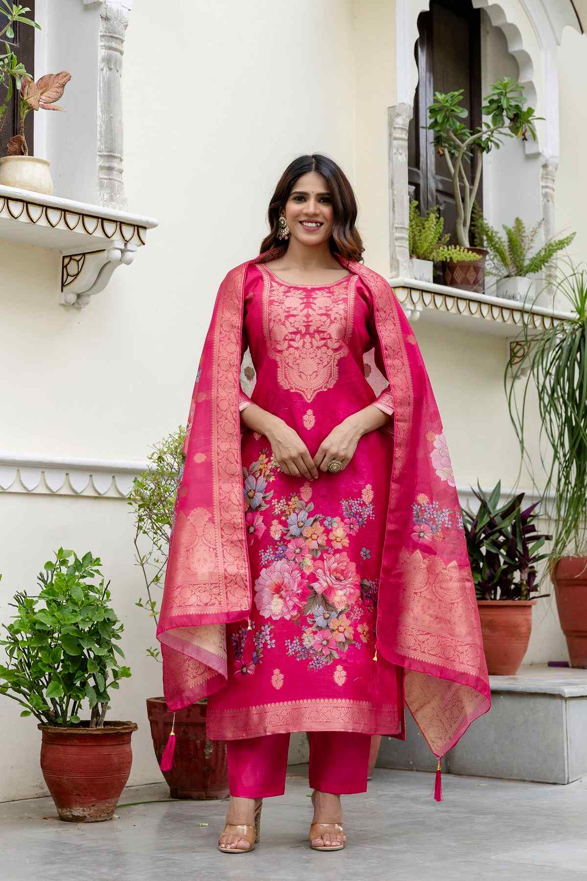 Banarasi Kurta Set with Floral Printed Dupatta