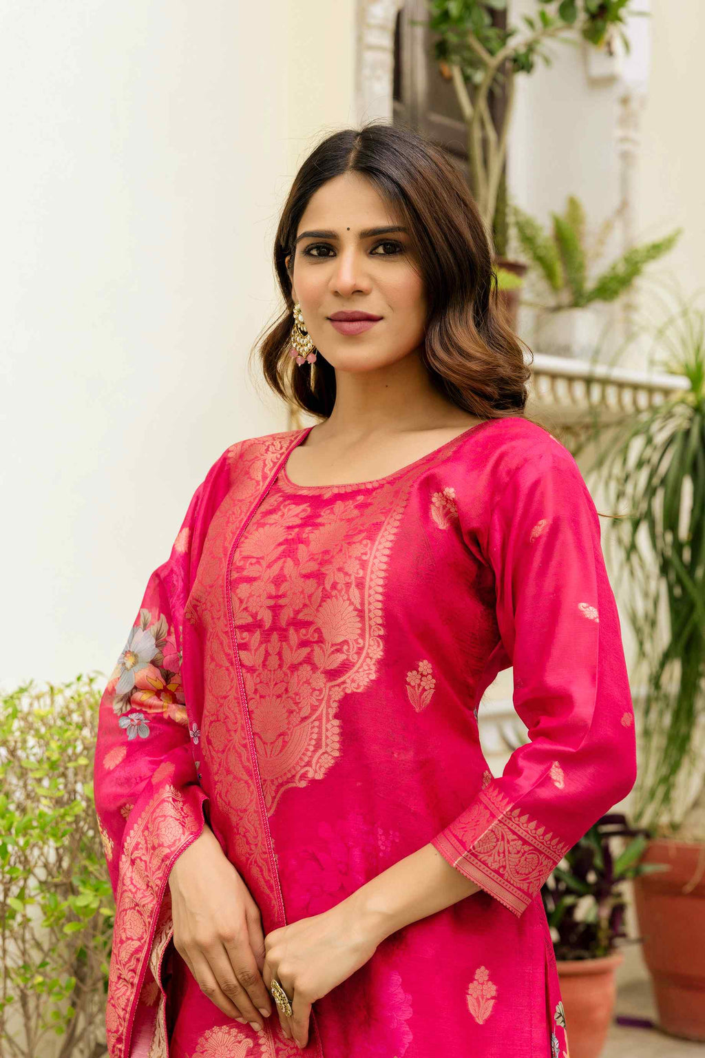 Banarasi Kurta Set with Floral Printed Dupatta