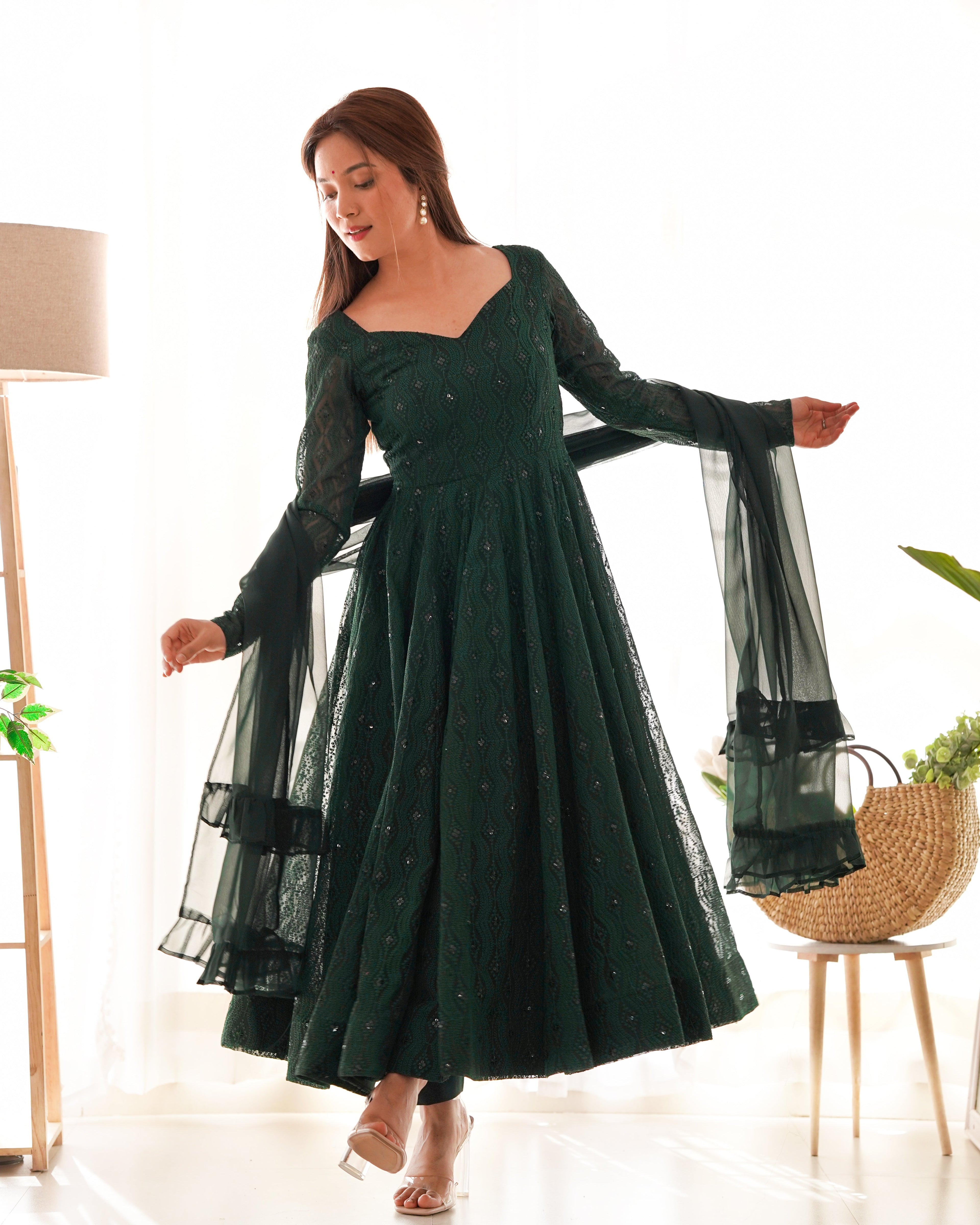 Elegant Dark Green Anarkali Set with Dupatta