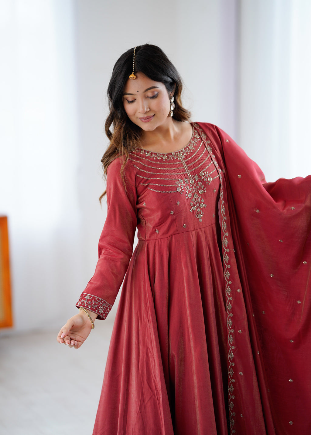 Elegant Maroon Anarkali Set with Embroidered Dupatta
