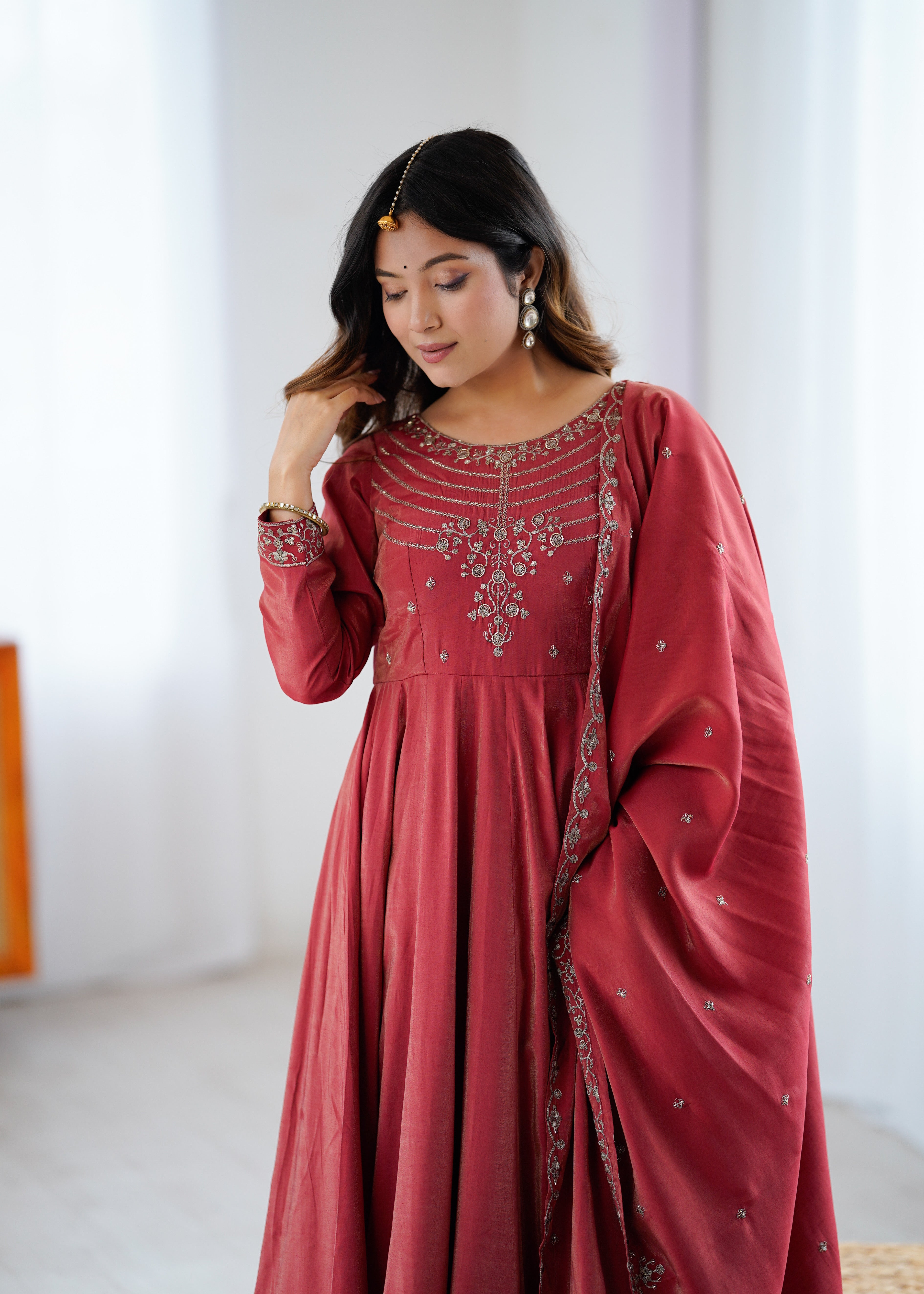 Elegant Maroon Anarkali Set with Embroidered Dupatta