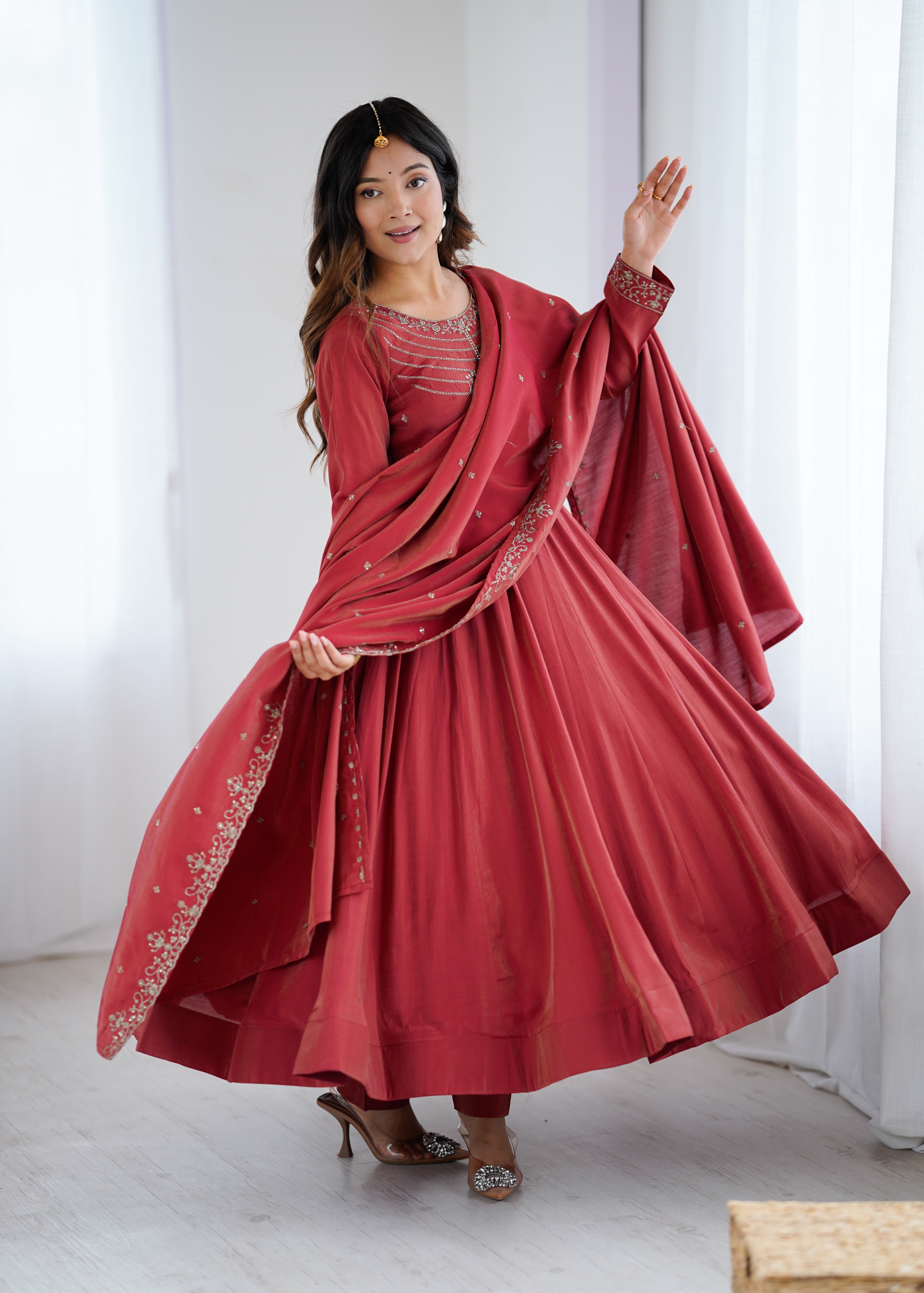 Elegant Maroon Anarkali Set with Embroidered Dupatta
