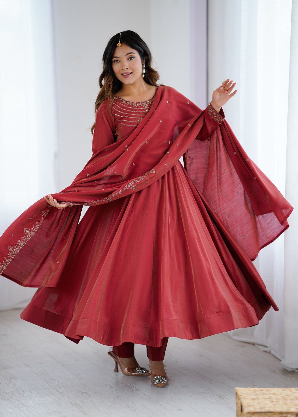 Elegant Maroon Anarkali Set with Embroidered Dupatta