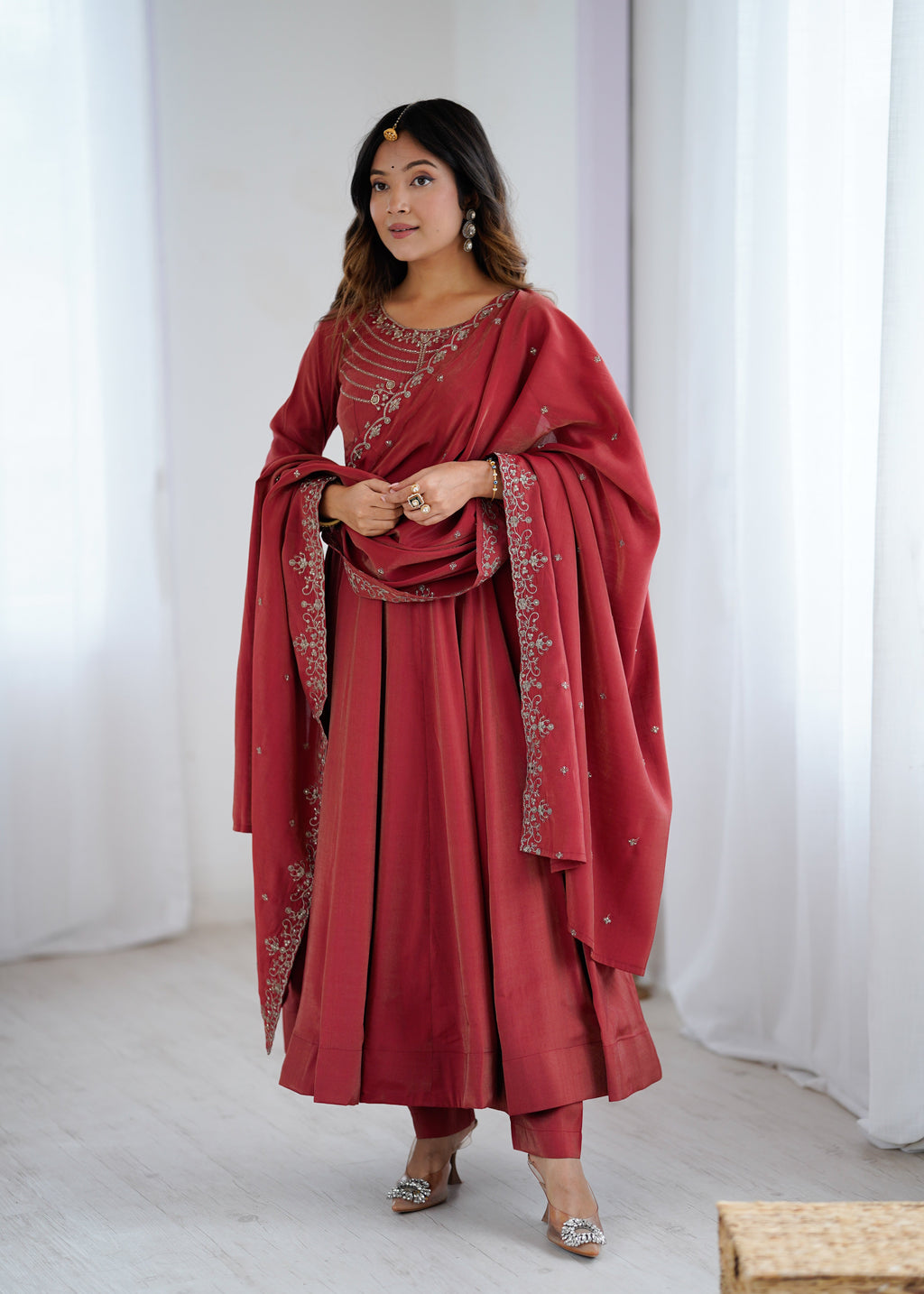 Elegant Maroon Anarkali Set with Embroidered Dupatta