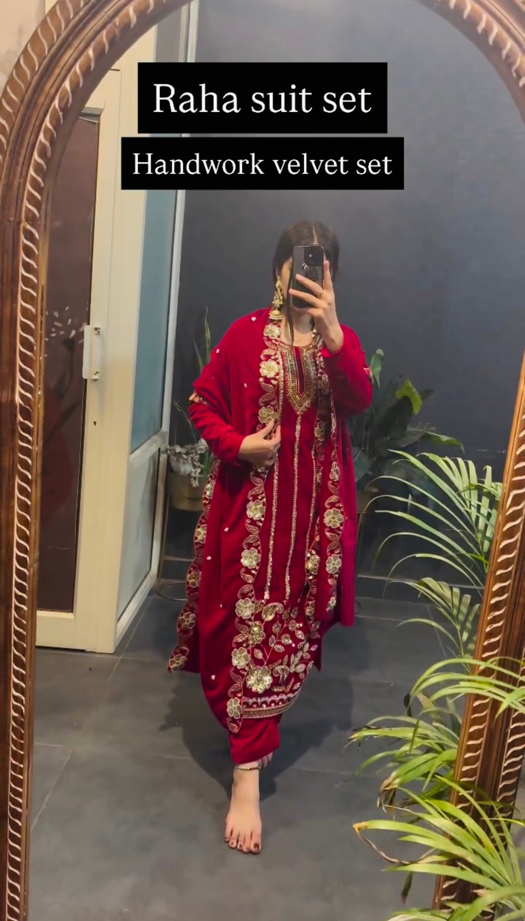 Regal Red Velvet Suit with Elaborate Gold Embroidery