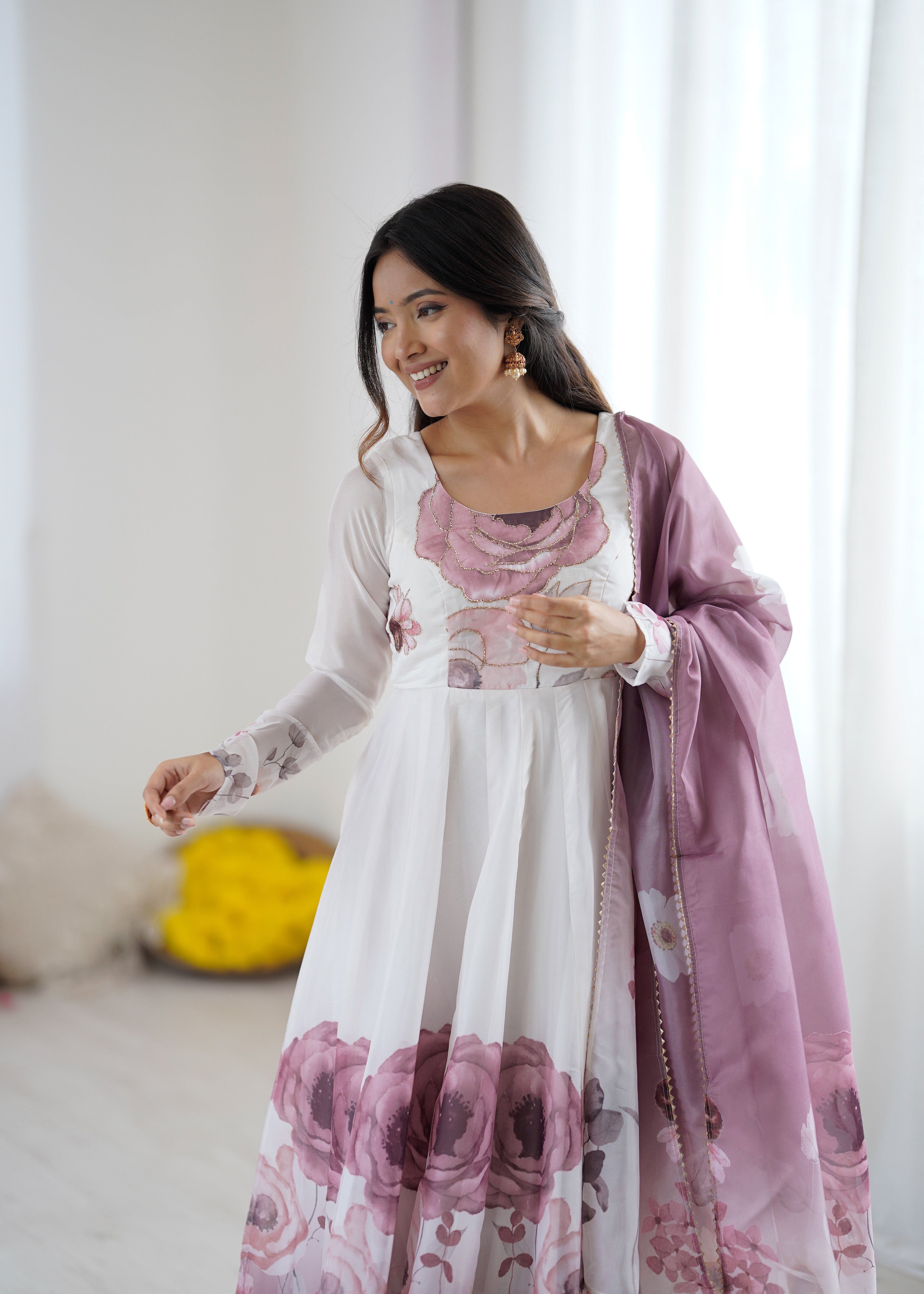 White & Mauve Floral Anarkali with Dupatta