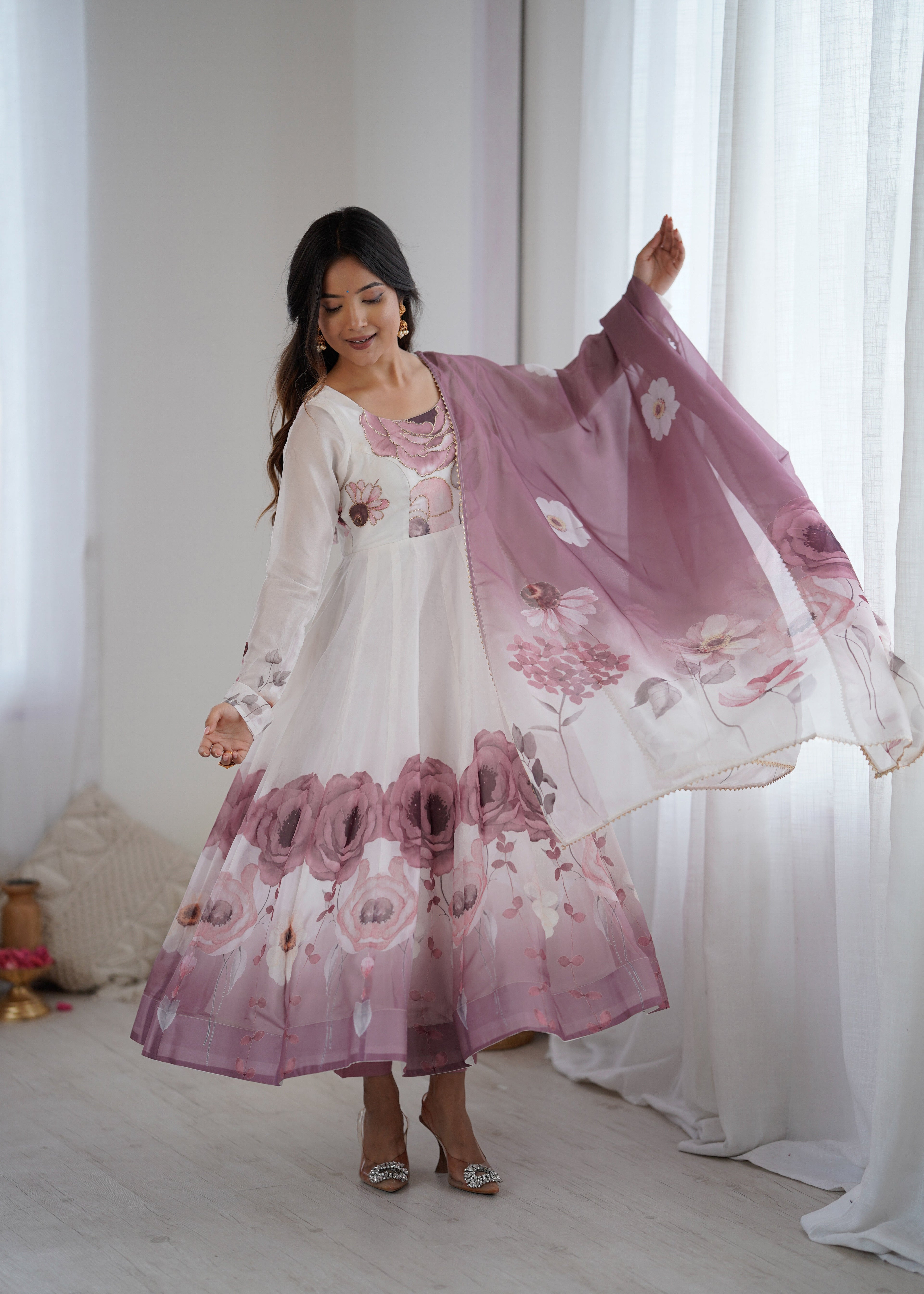 White & Mauve Floral Anarkali with Dupatta