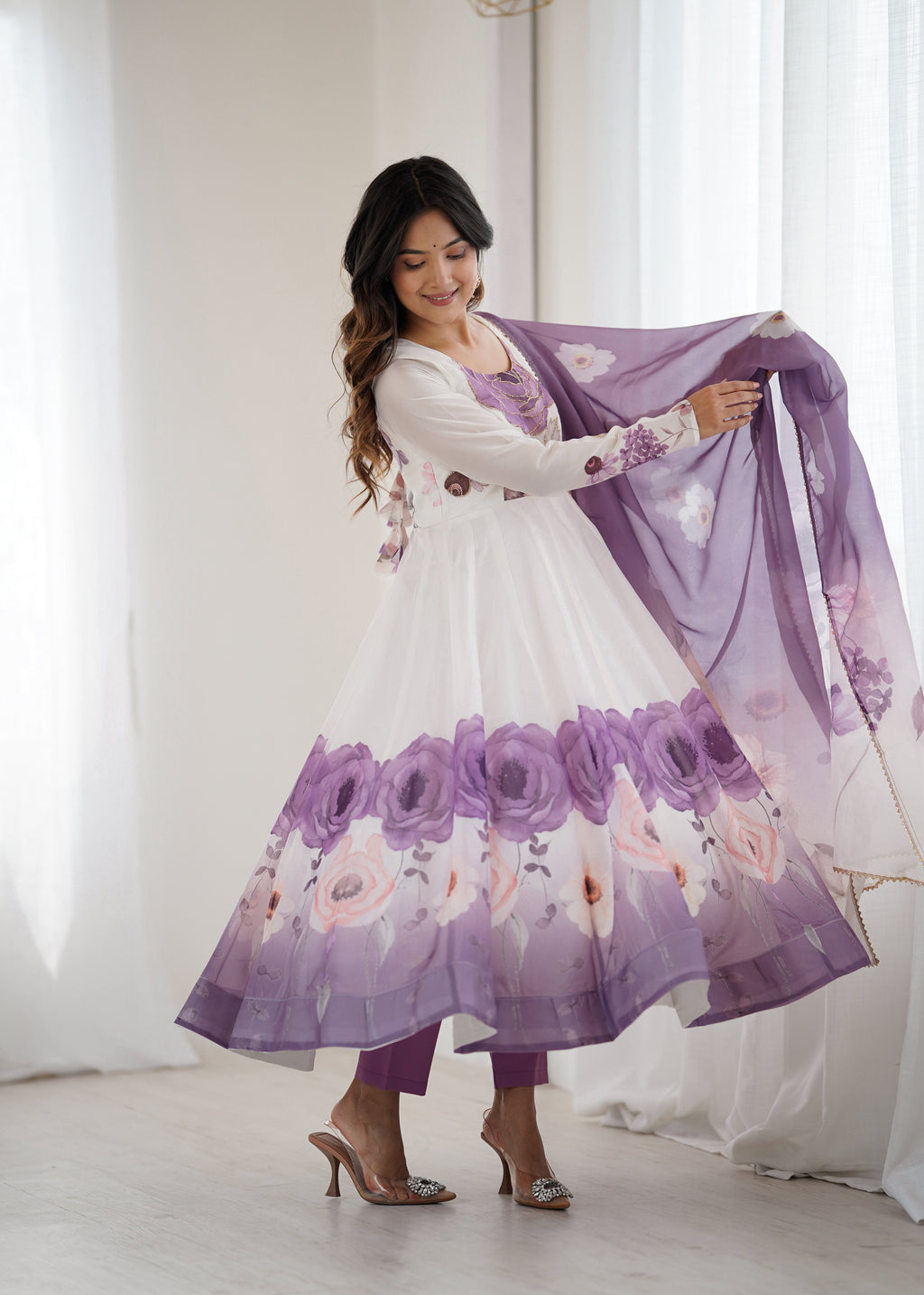 White & Mauve Floral Anarkali with Dupatta