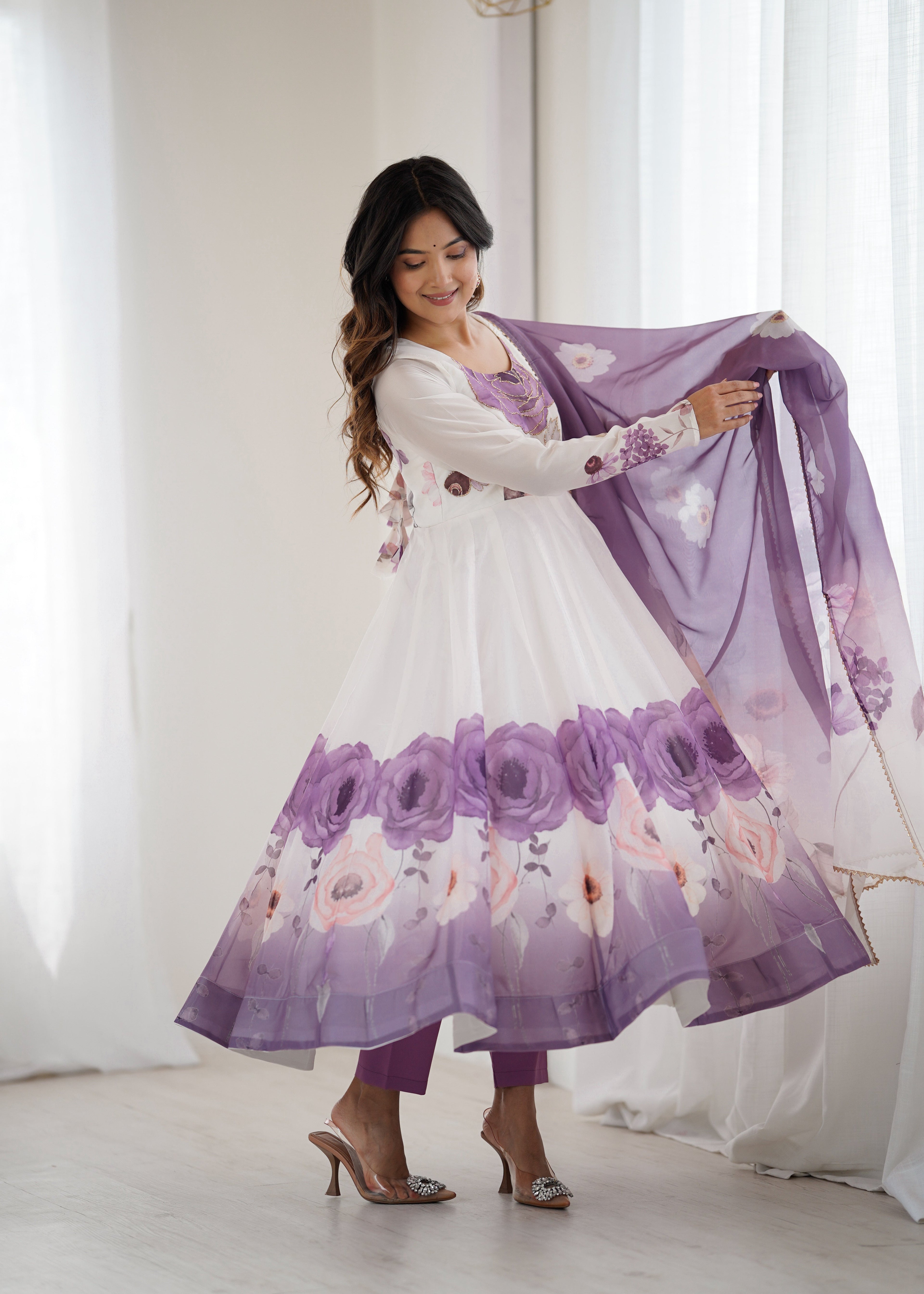 White & Mauve Floral Anarkali with Dupatta