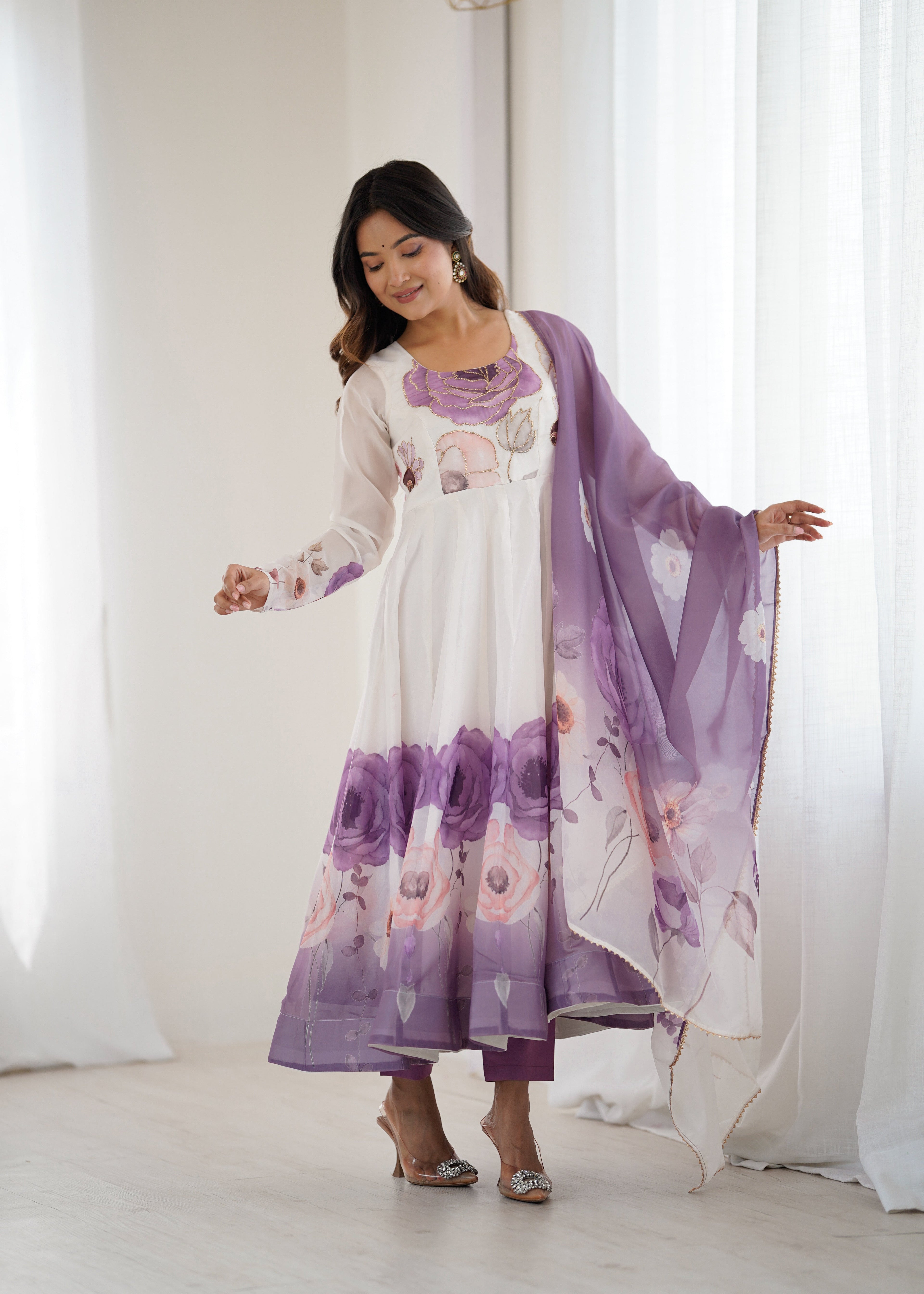 White & Mauve Floral Anarkali with Dupatta