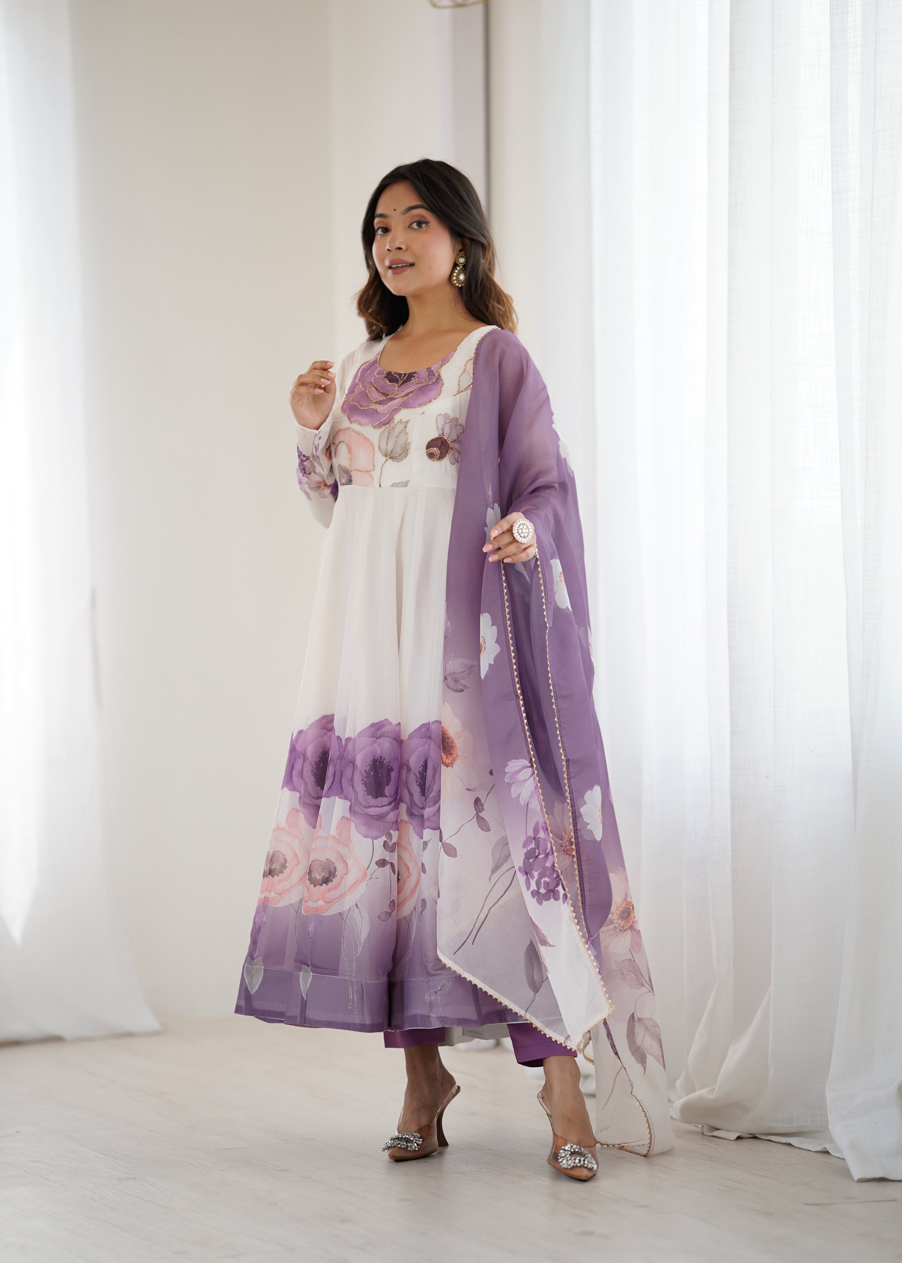 White & Mauve Floral Anarkali with Dupatta