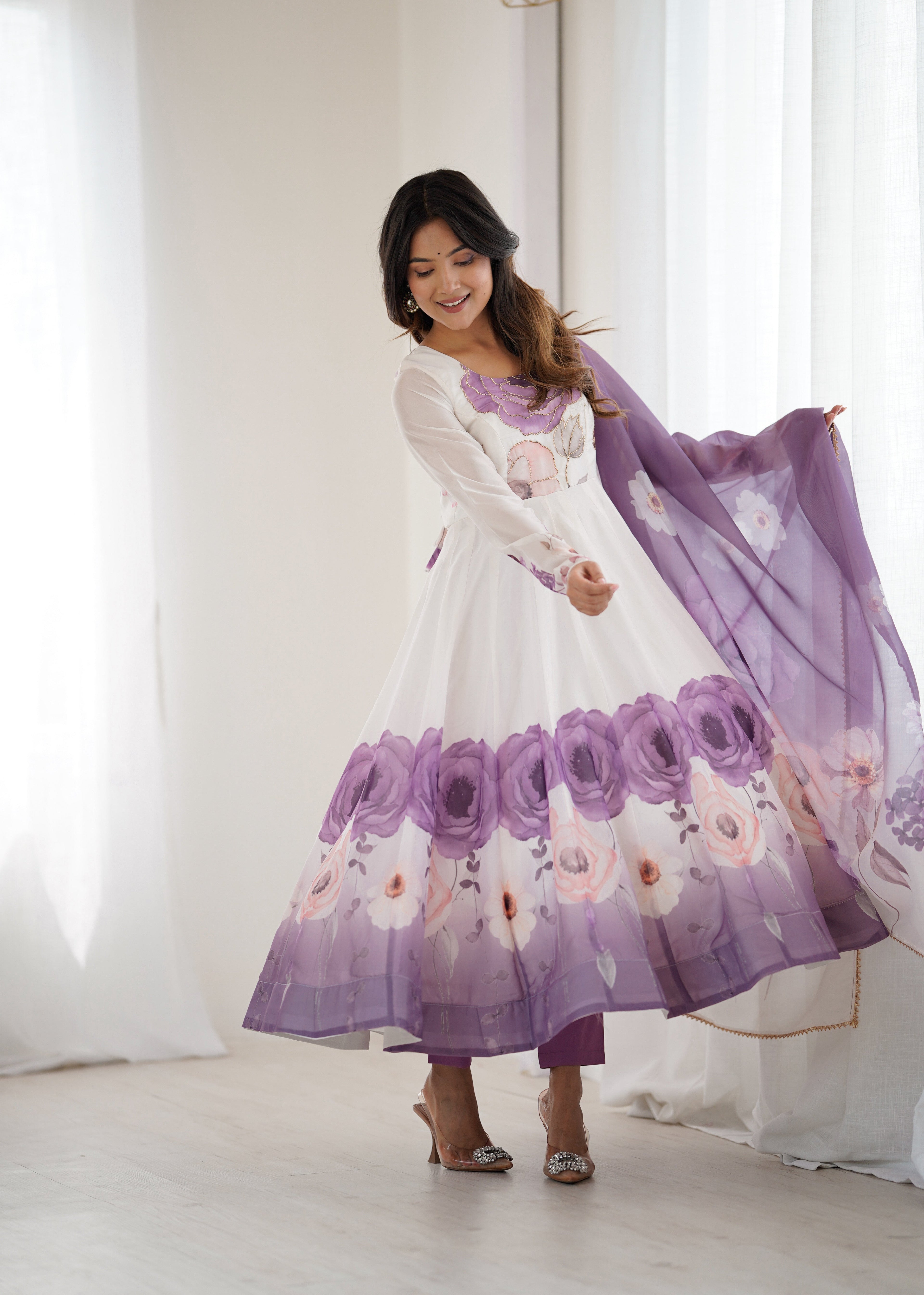 White & Mauve Floral Anarkali with Dupatta