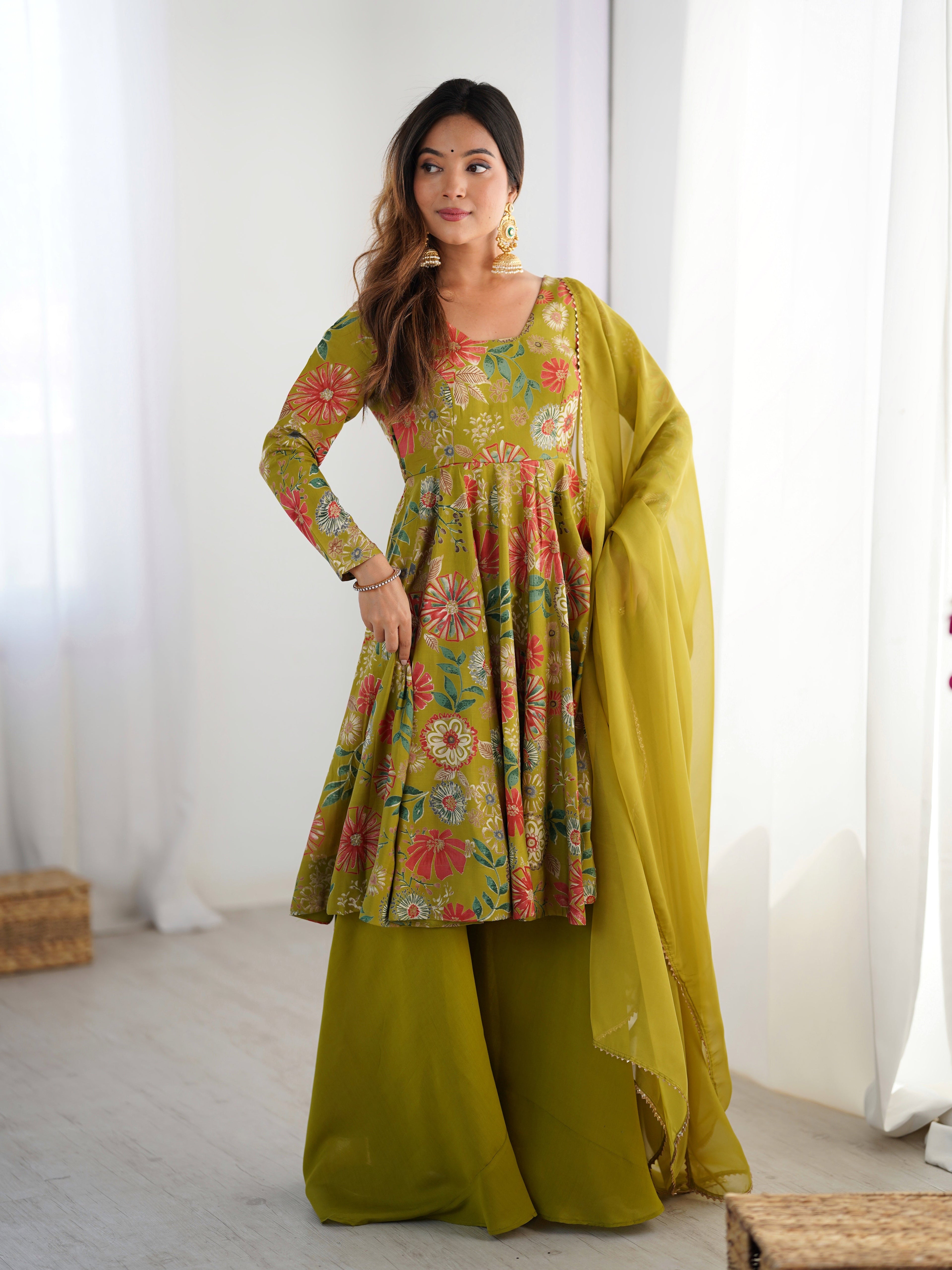 Olive Green Floral Anarkali with Palazzo and Dupatta