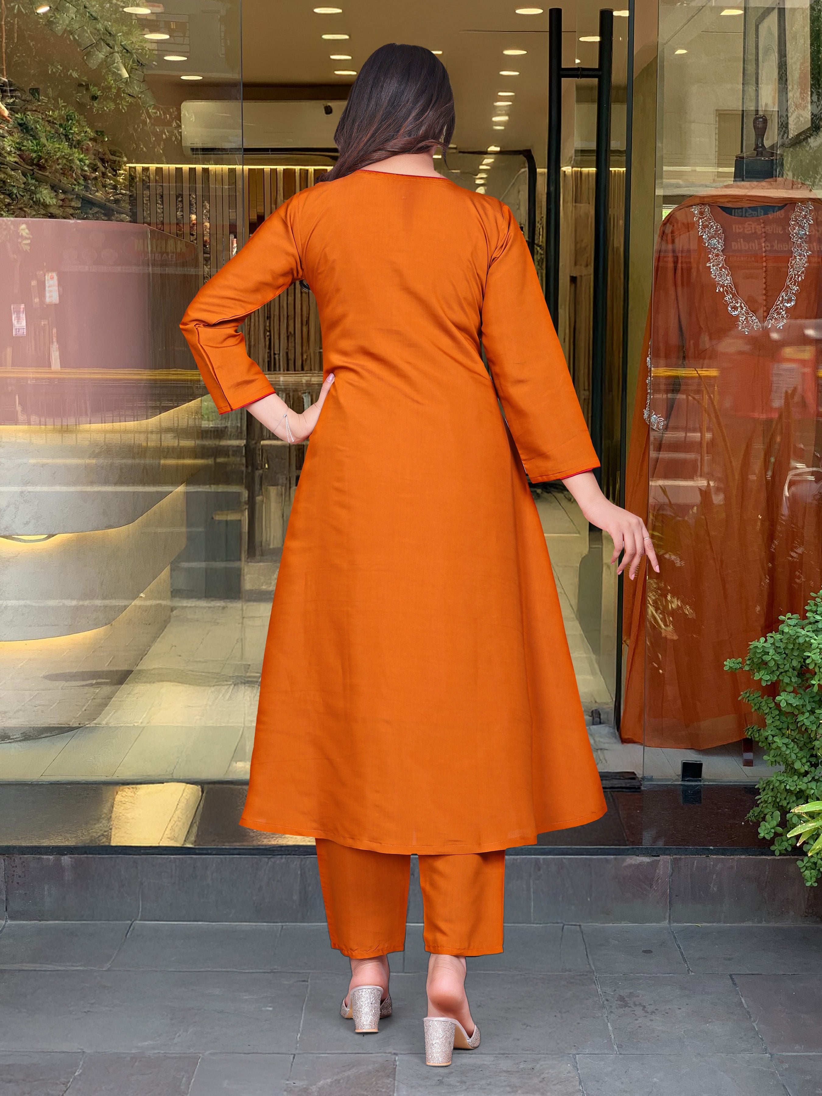Rust Orange A-Line Kurti Set with Bold Floral Embroidery