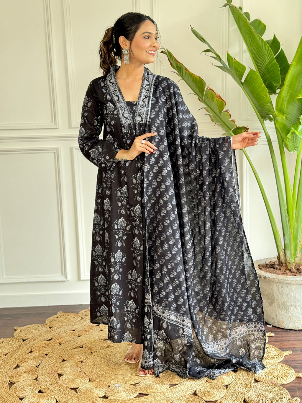 Black & Silver Handblock Printed Flared Suit with Dupatta