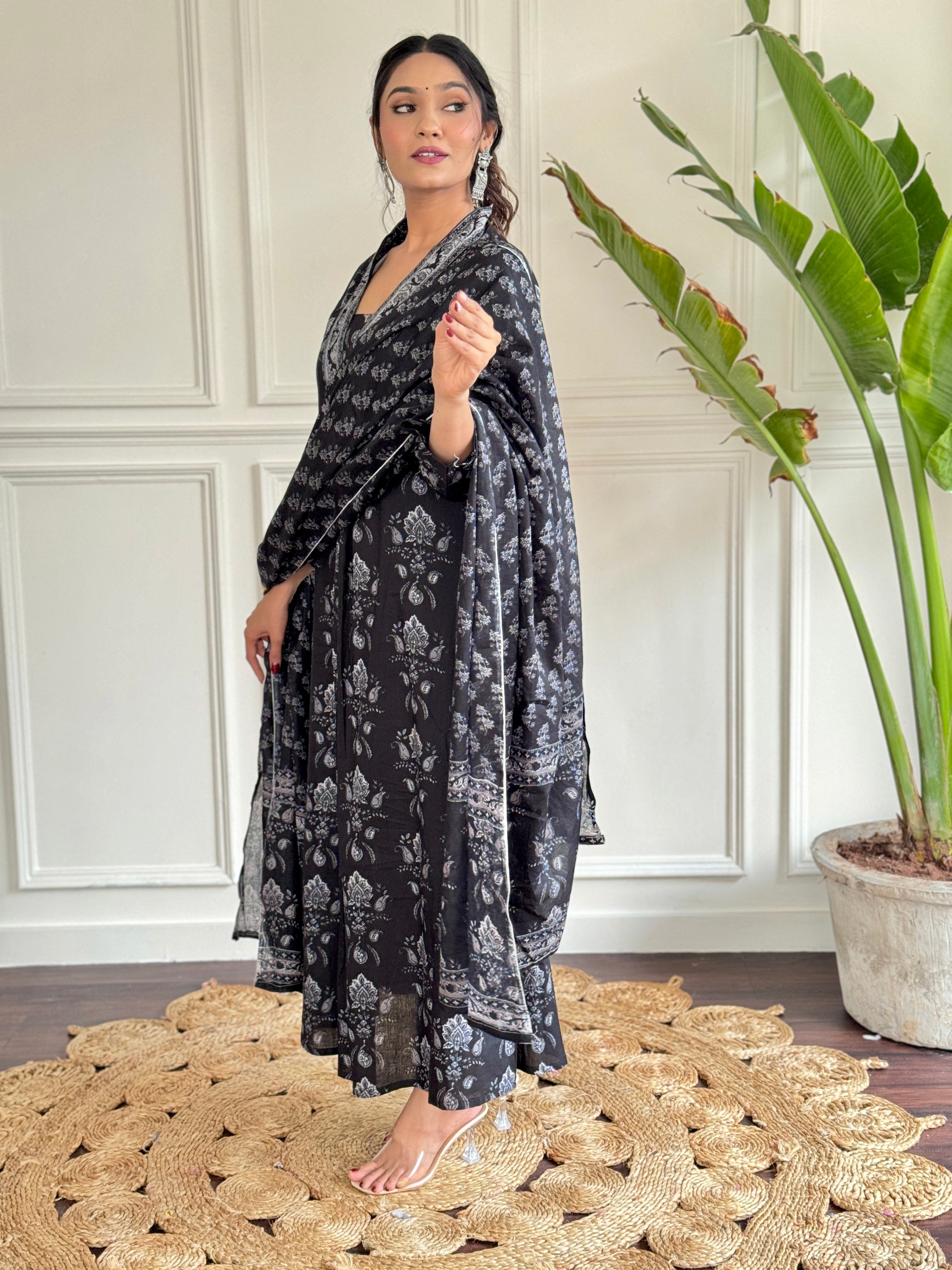 Black & Silver Handblock Printed Flared Suit with Dupatta