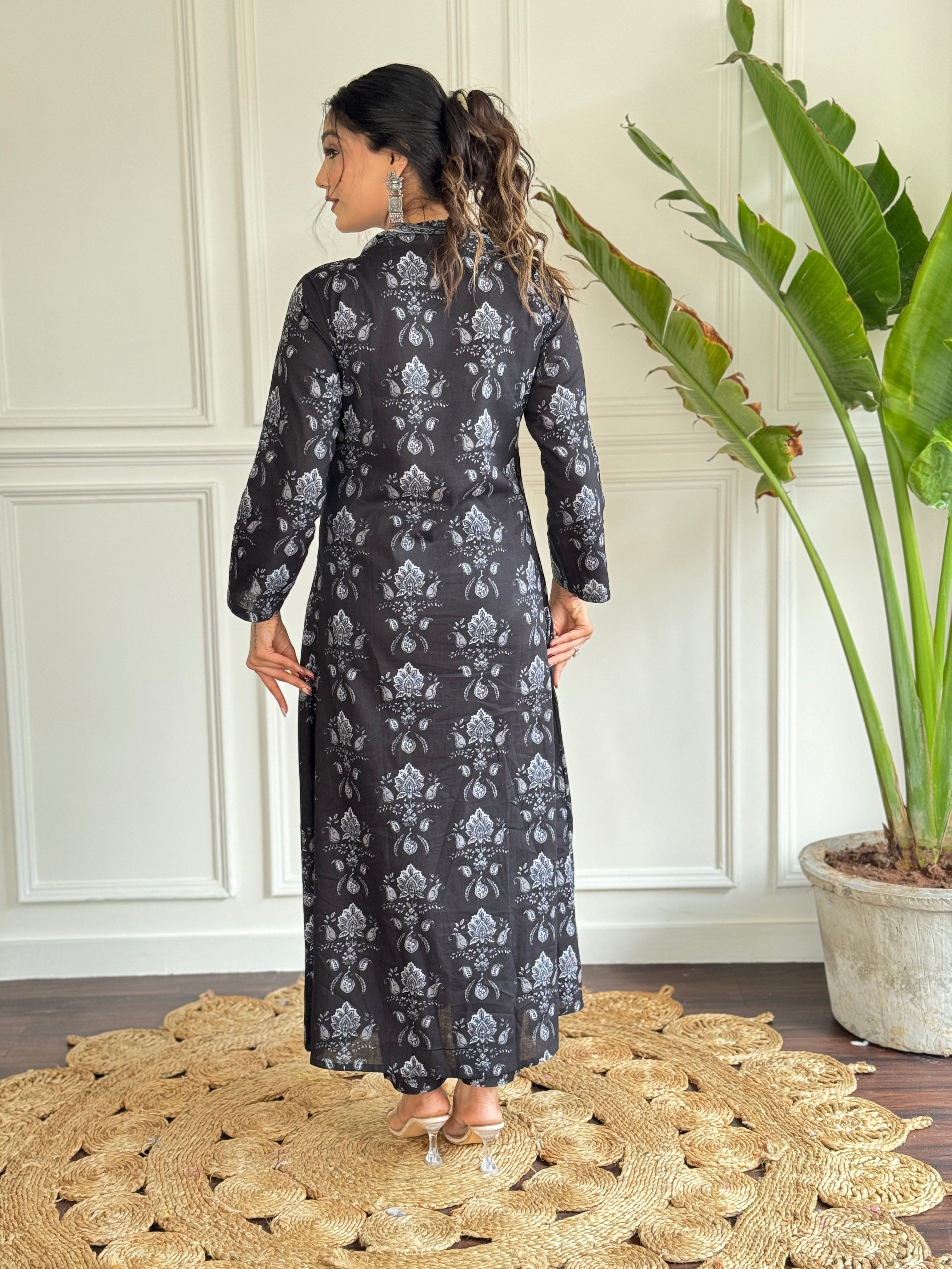 Black & Silver Handblock Printed Flared Suit with Dupatta