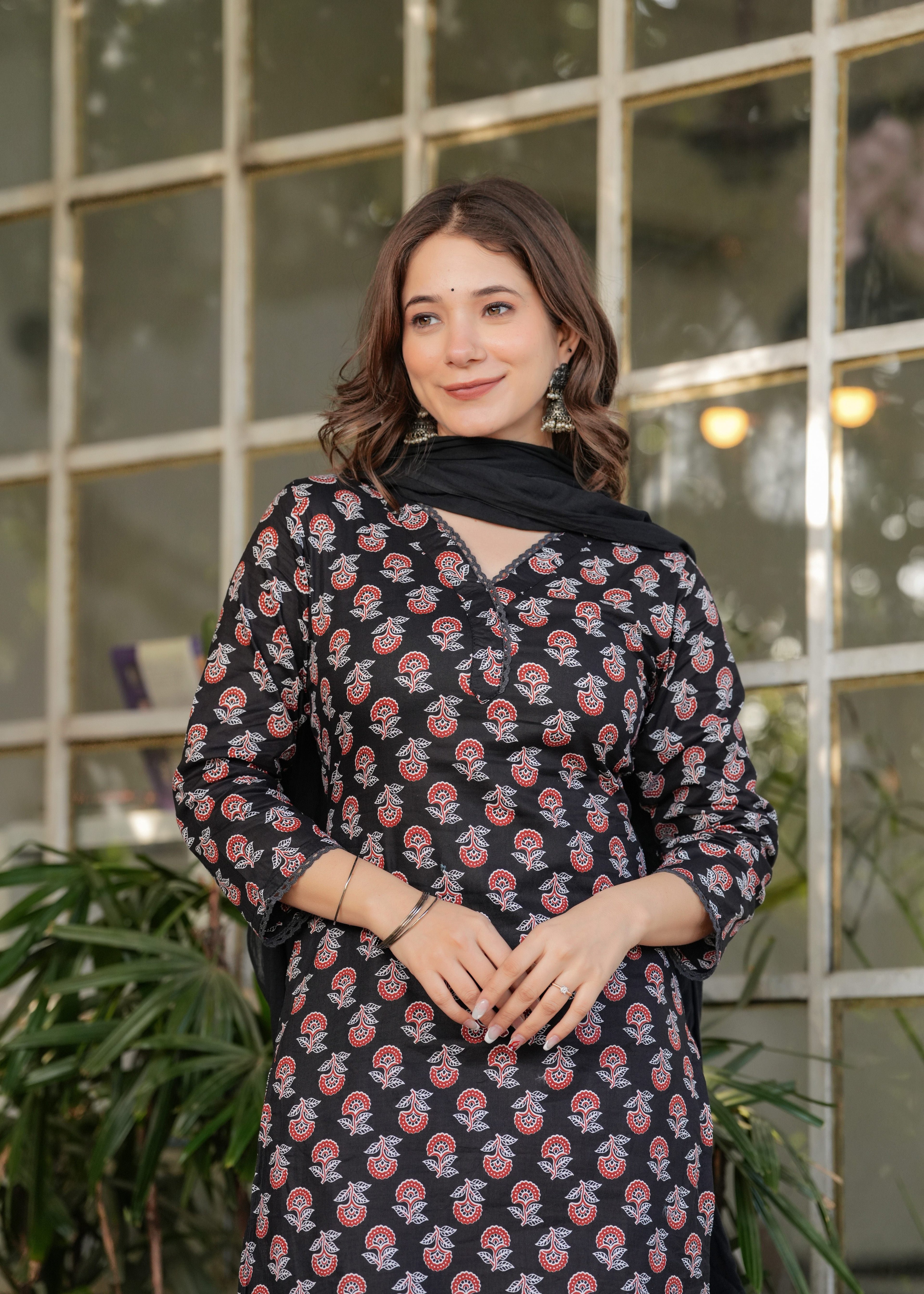 Block Print Straight Kurta with Pants & Dupatta