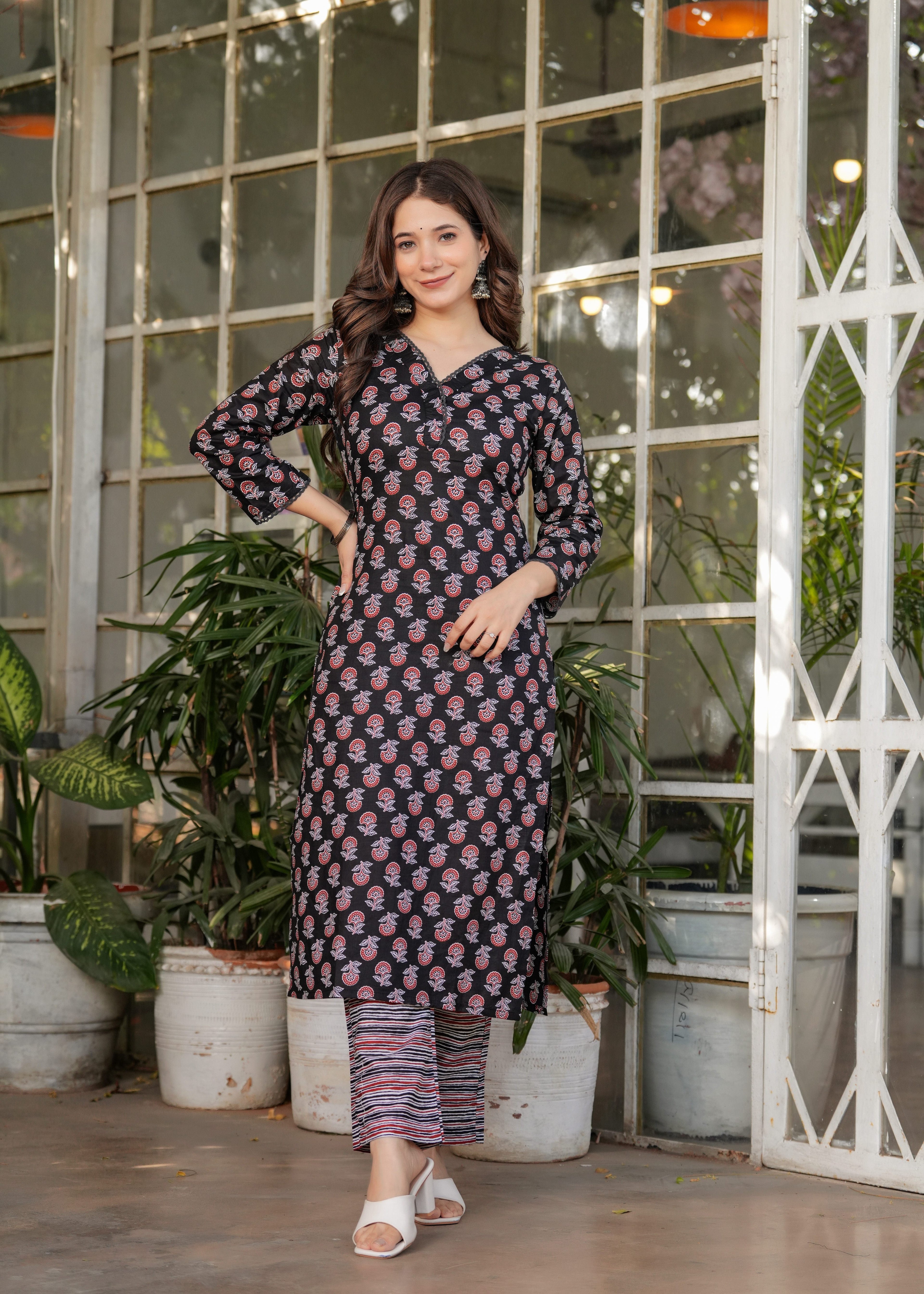 Block Print Straight Kurta with Pants & Dupatta