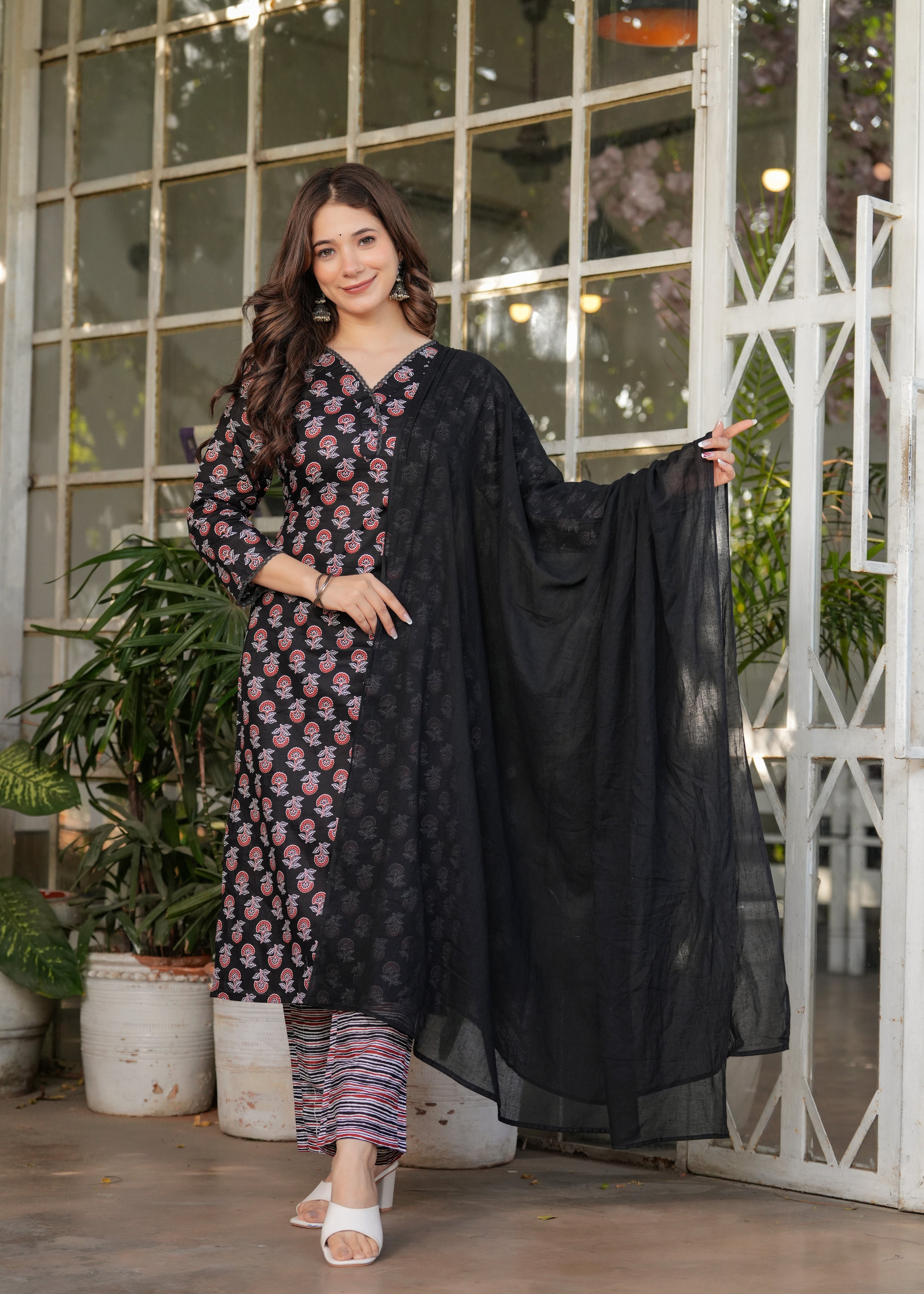 Block Print Straight Kurta with Pants & Dupatta