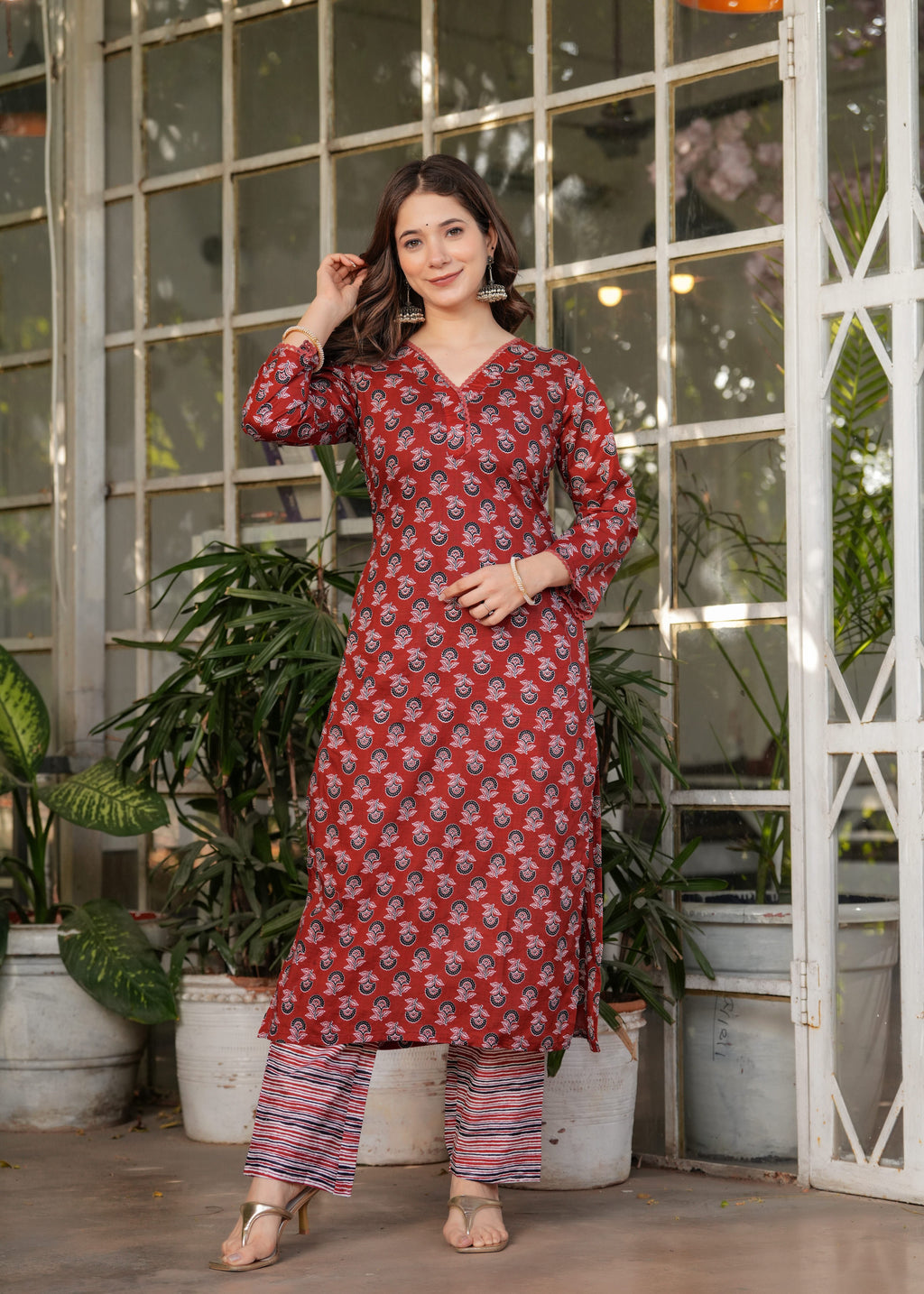 Block Print Straight Kurta with Pants & Dupatta