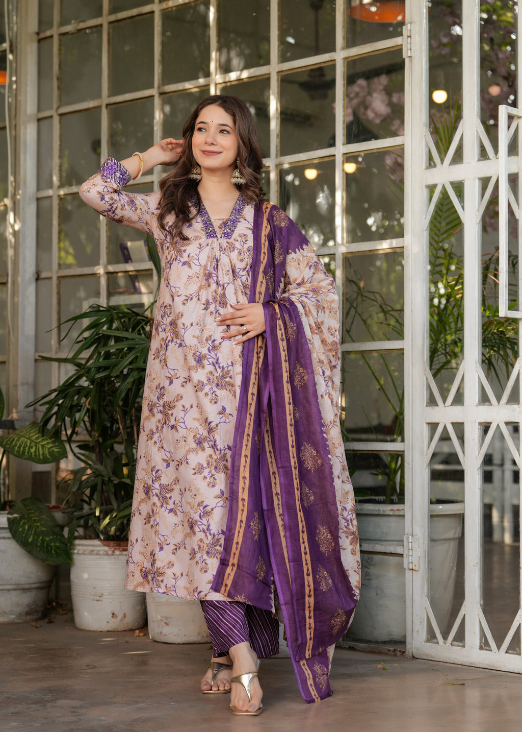 Women’s Floral Printed Kurta Set with Striped Pants & Contrast Dupatta