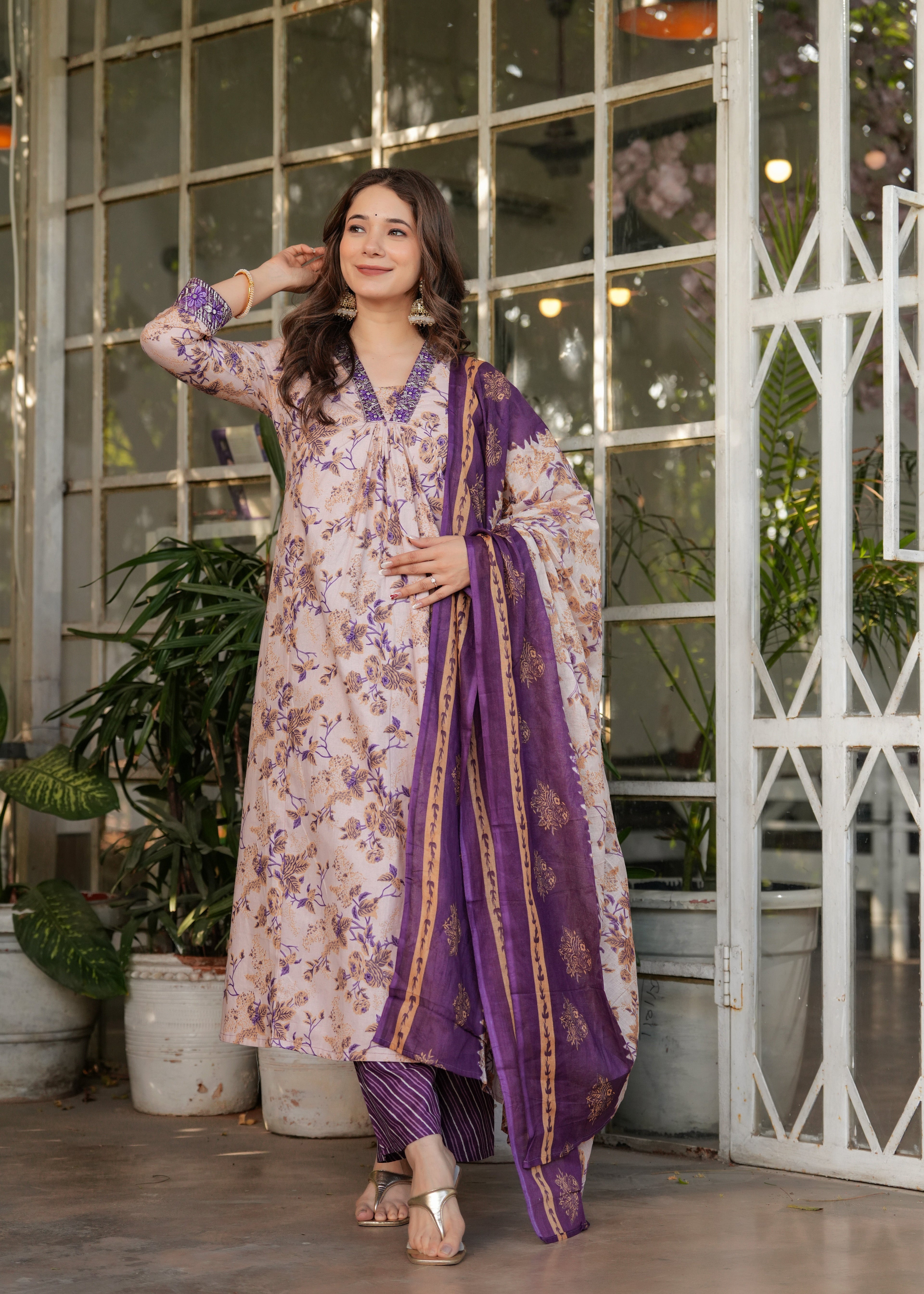 Women’s Floral Printed Kurta Set with Striped Pants & Contrast Dupatta
