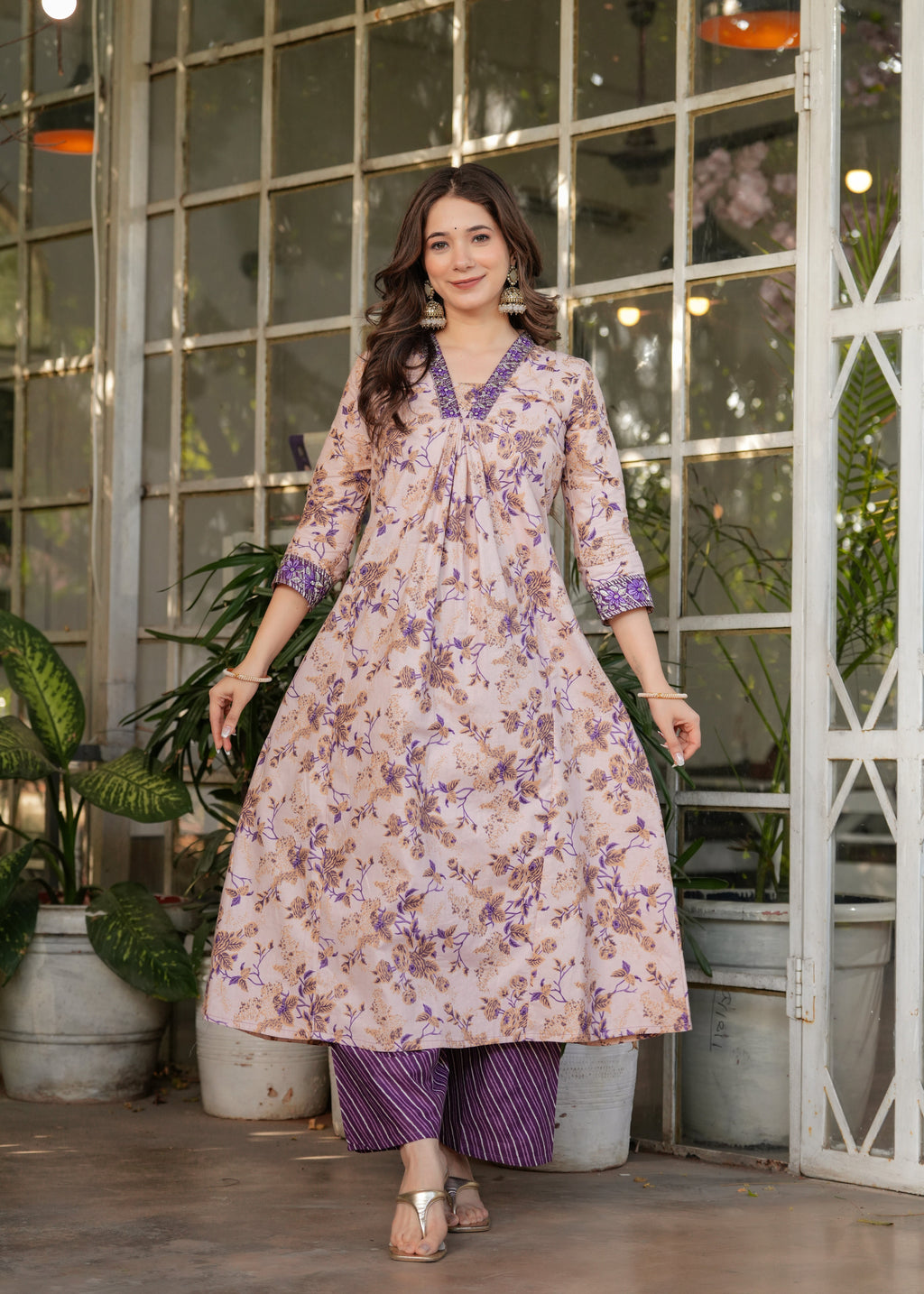 Women’s Floral Printed Kurta Set with Striped Pants & Contrast Dupatta