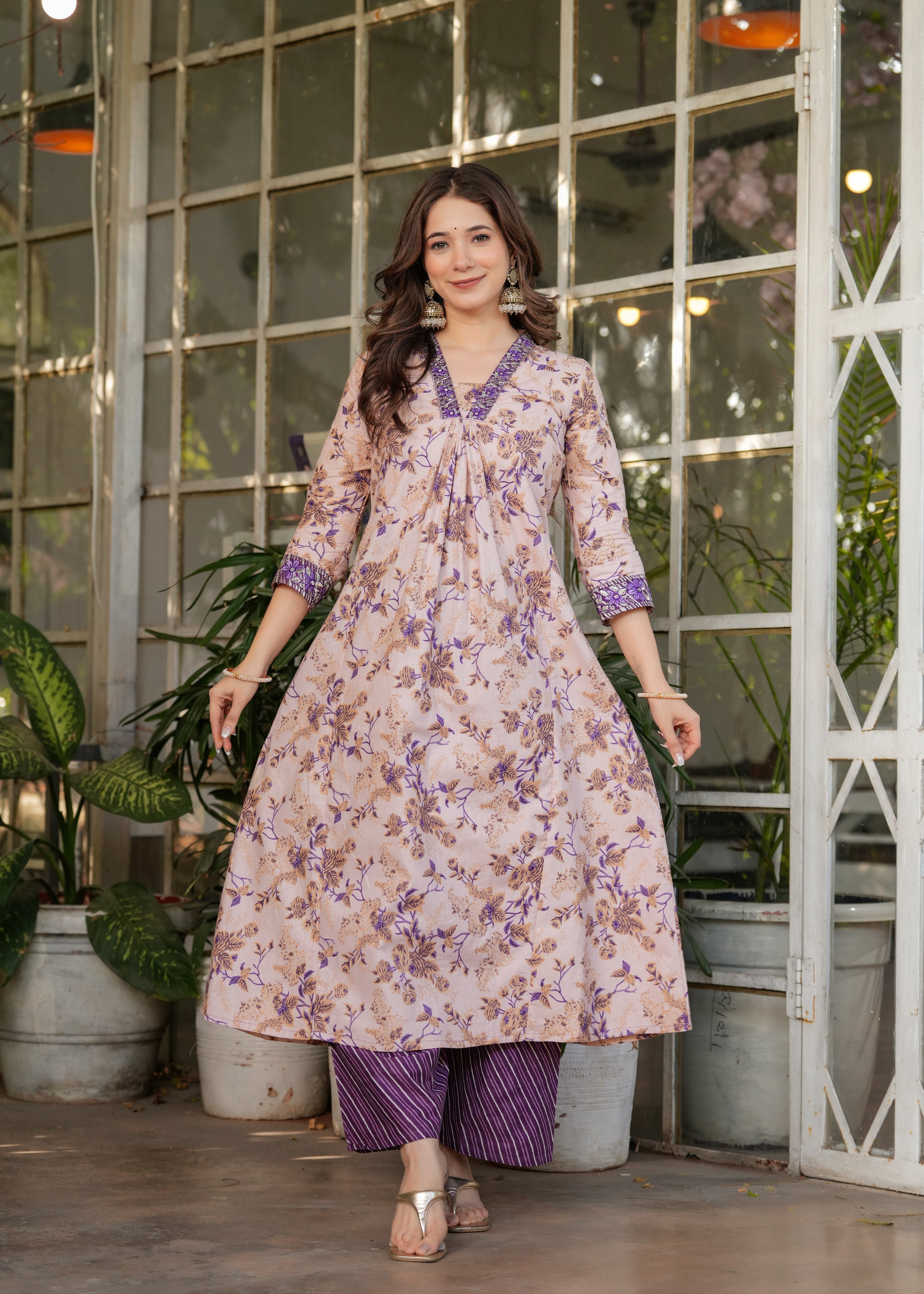 Women’s Floral Printed Kurta Set with Striped Pants & Contrast Dupatta