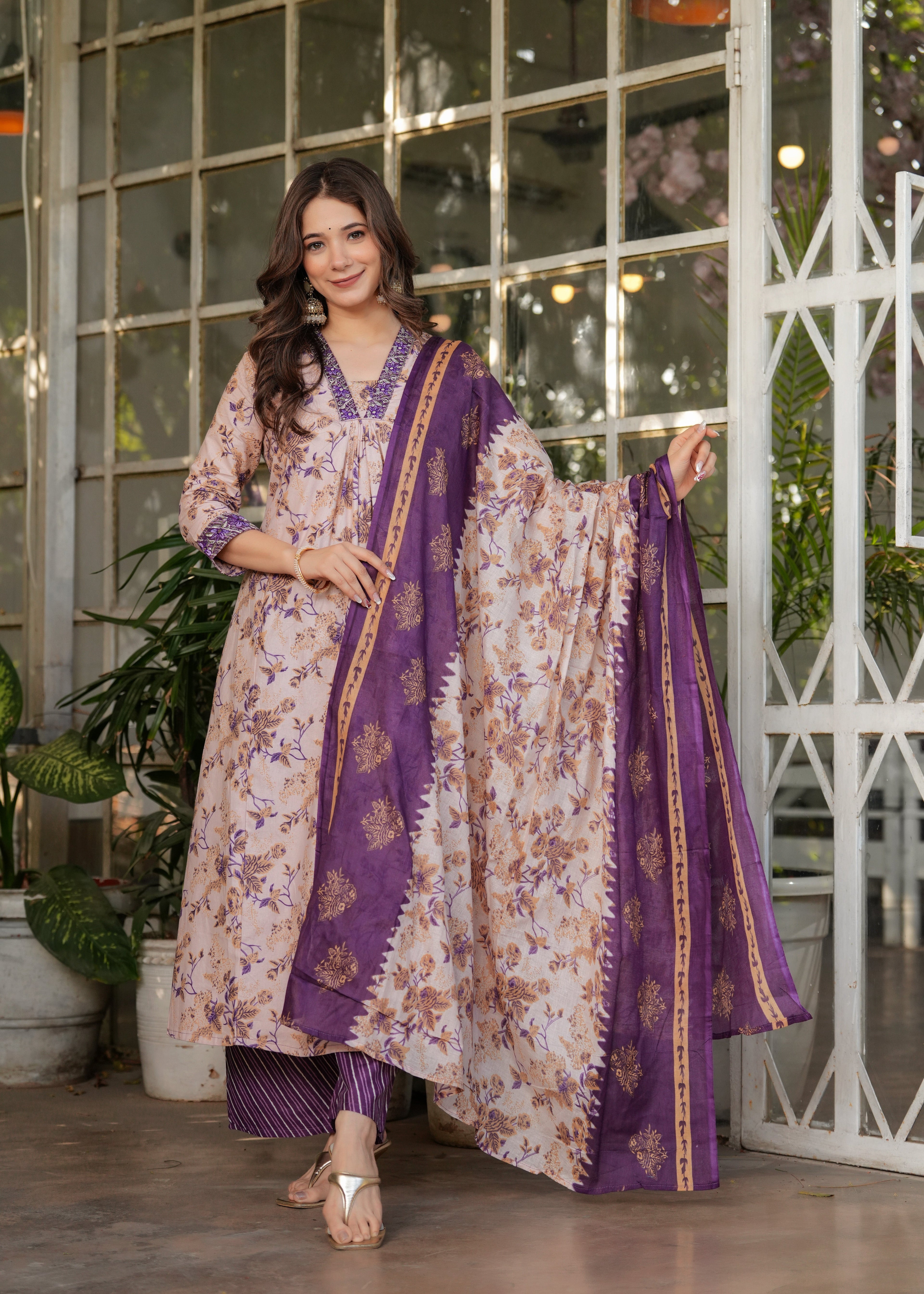 Women’s Floral Printed Kurta Set with Striped Pants & Contrast Dupatta