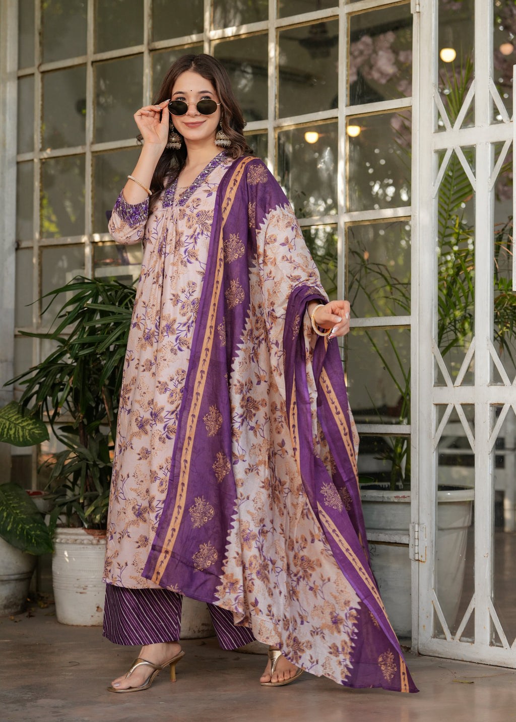 Women’s Floral Printed Kurta Set with Striped Pants & Contrast Dupatta