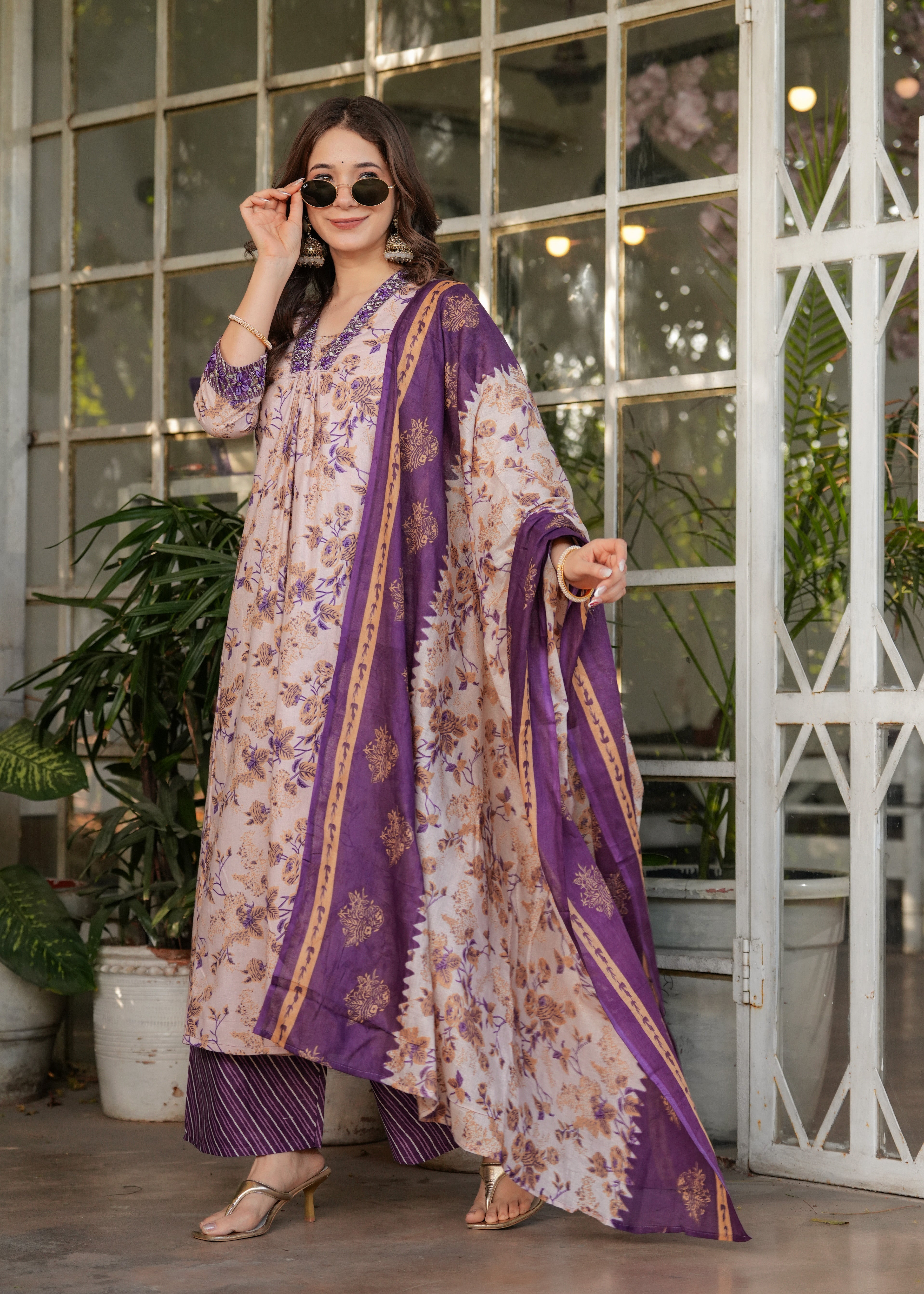 Women’s Floral Printed Kurta Set with Striped Pants & Contrast Dupatta