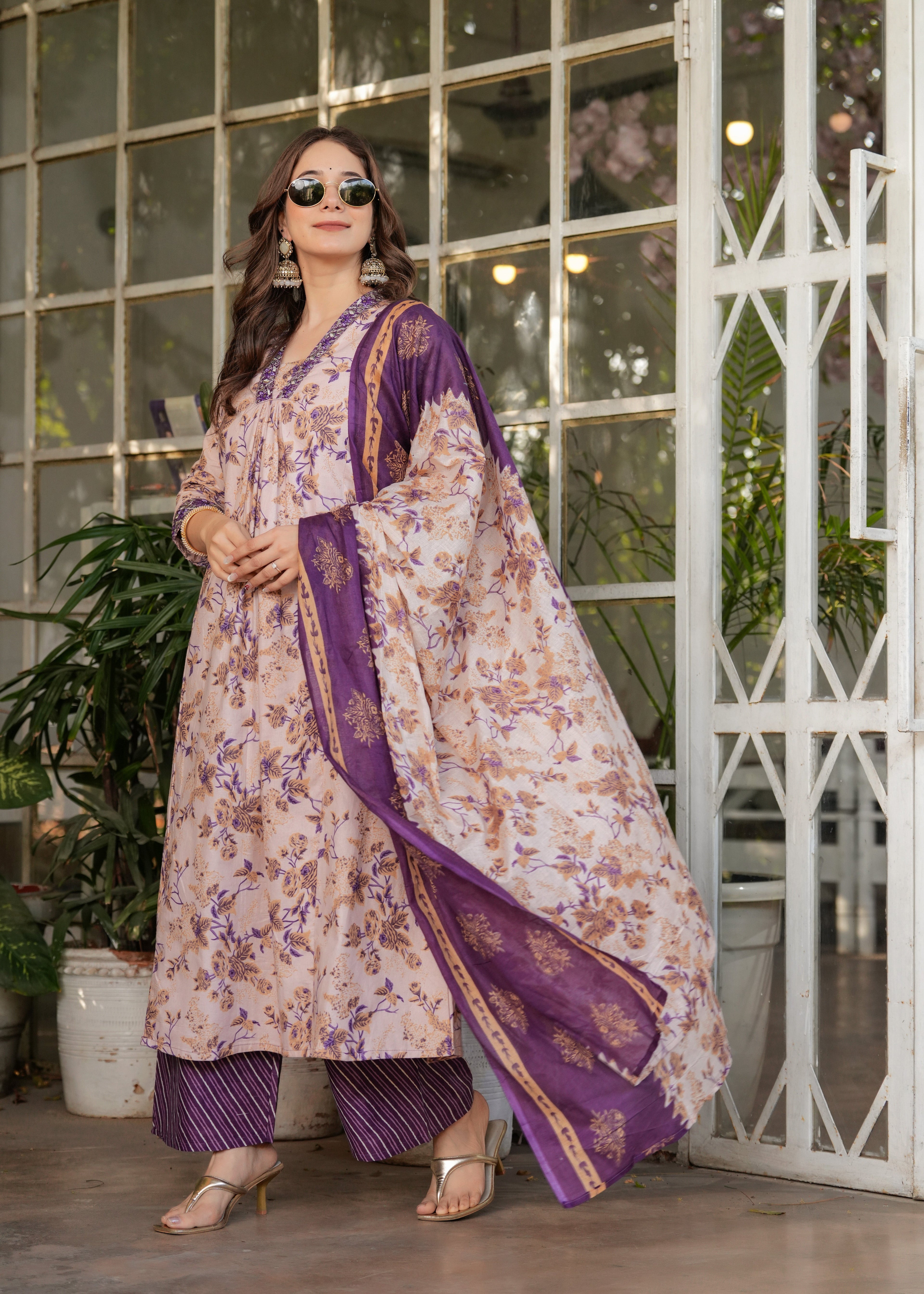 Women’s Floral Printed Kurta Set with Striped Pants & Contrast Dupatta
