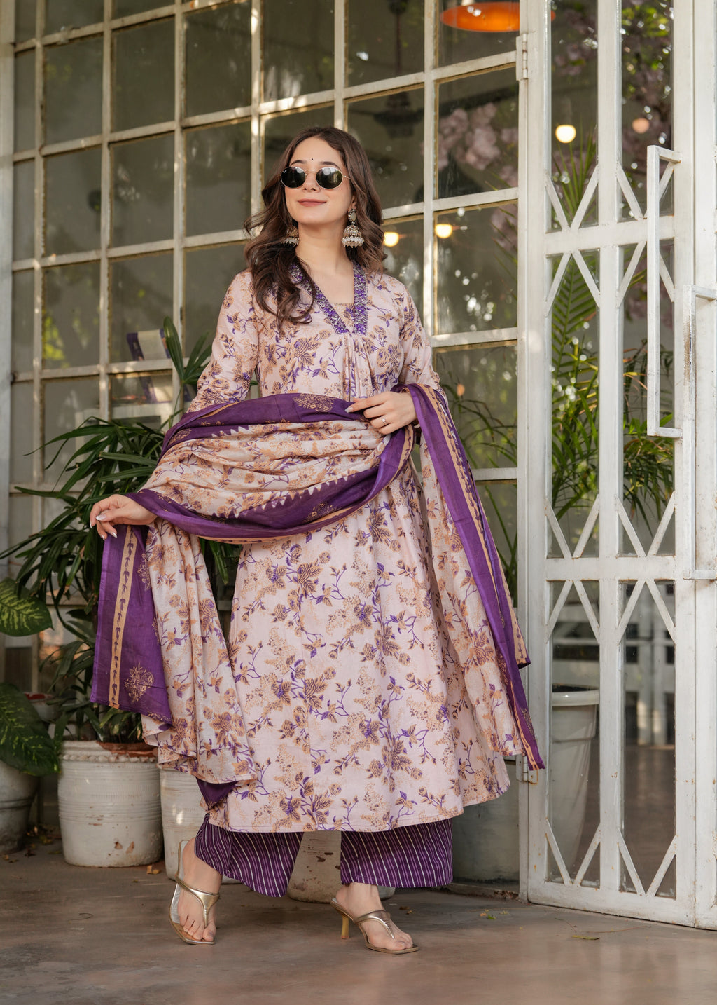 Women’s Floral Printed Kurta Set with Striped Pants & Contrast Dupatta