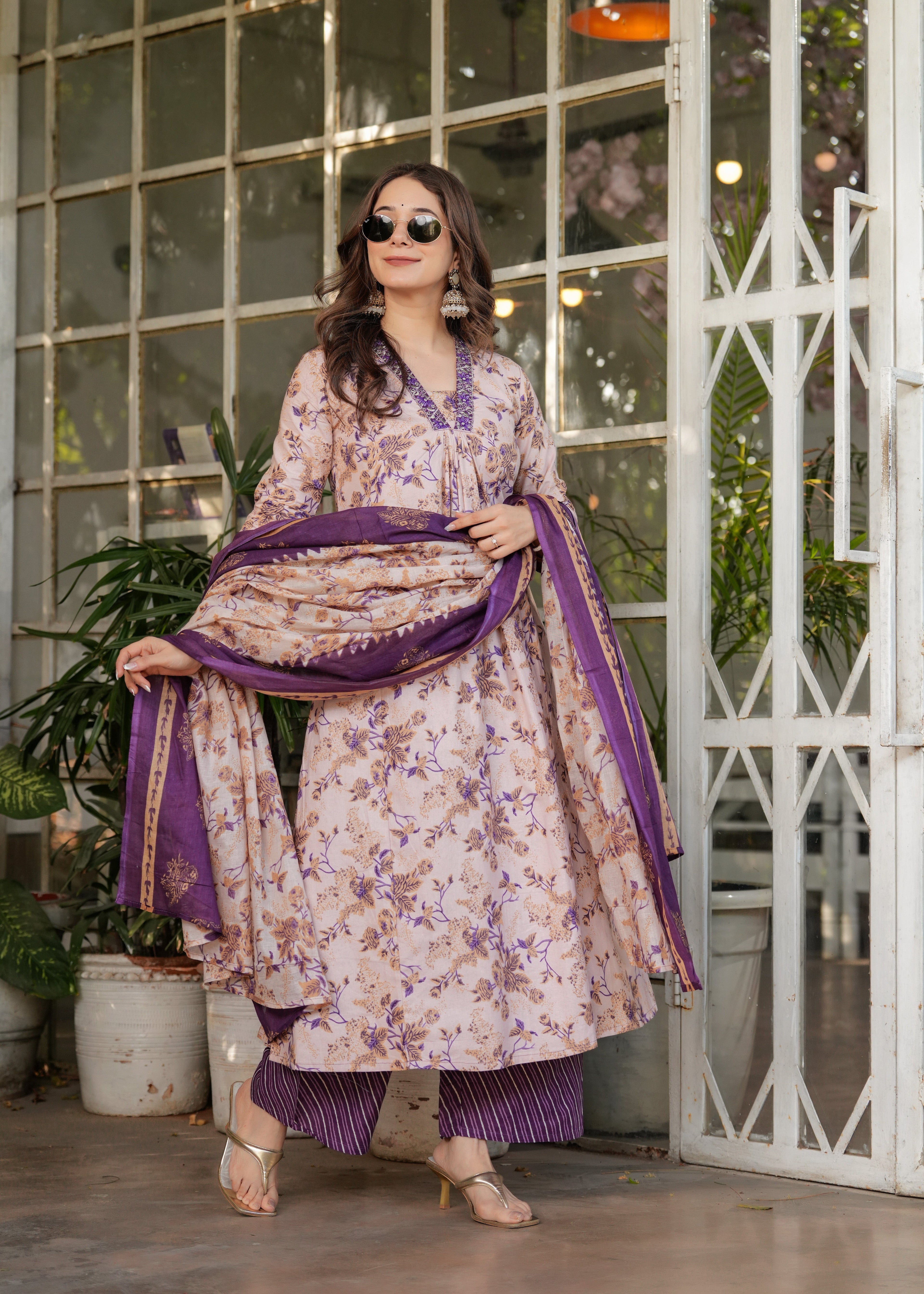 Women’s Floral Printed Kurta Set with Striped Pants & Contrast Dupatta