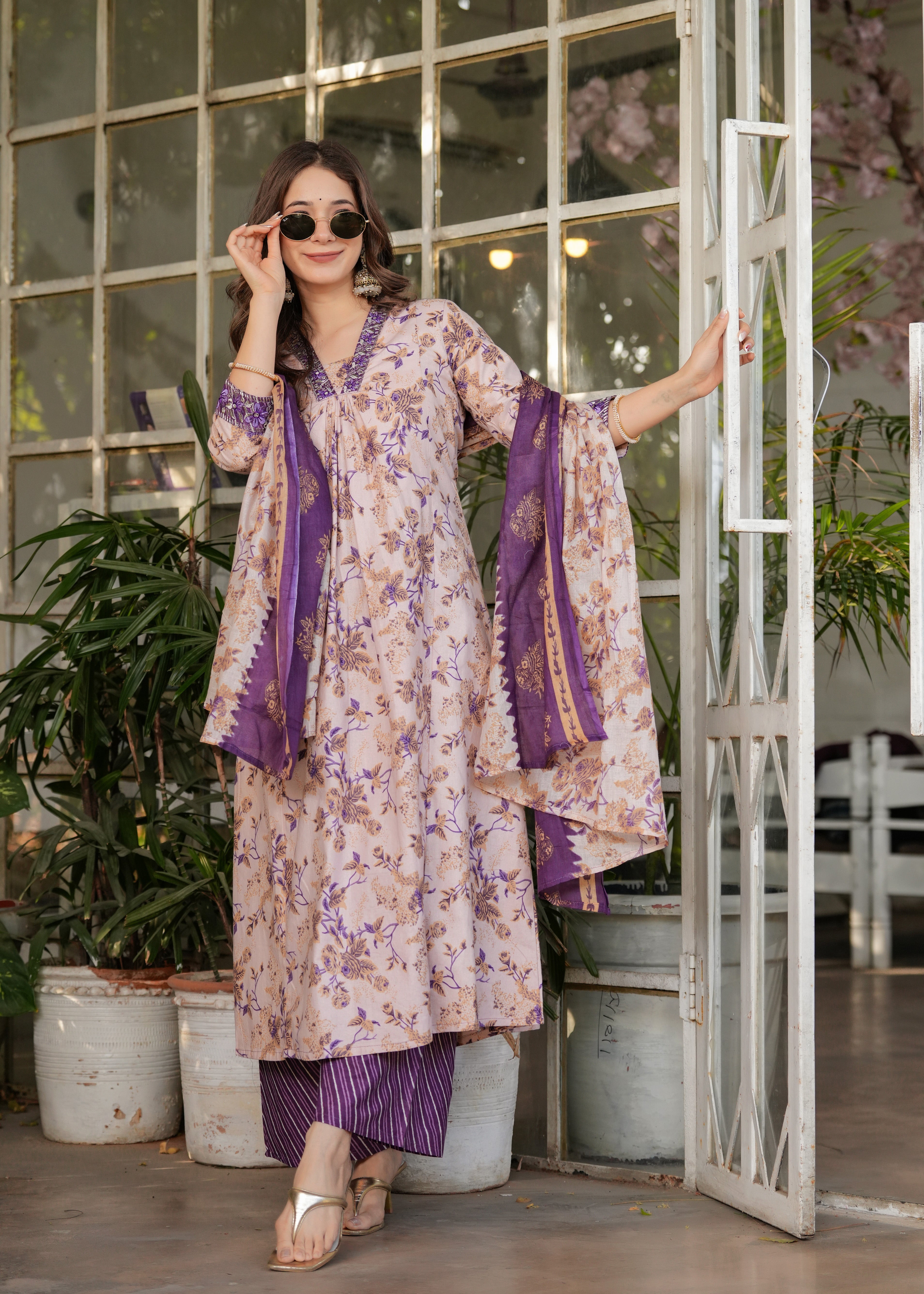 Women’s Floral Printed Kurta Set with Striped Pants & Contrast Dupatta