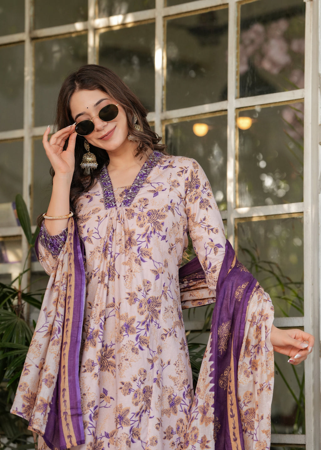 Women’s Floral Printed Kurta Set with Striped Pants & Contrast Dupatta