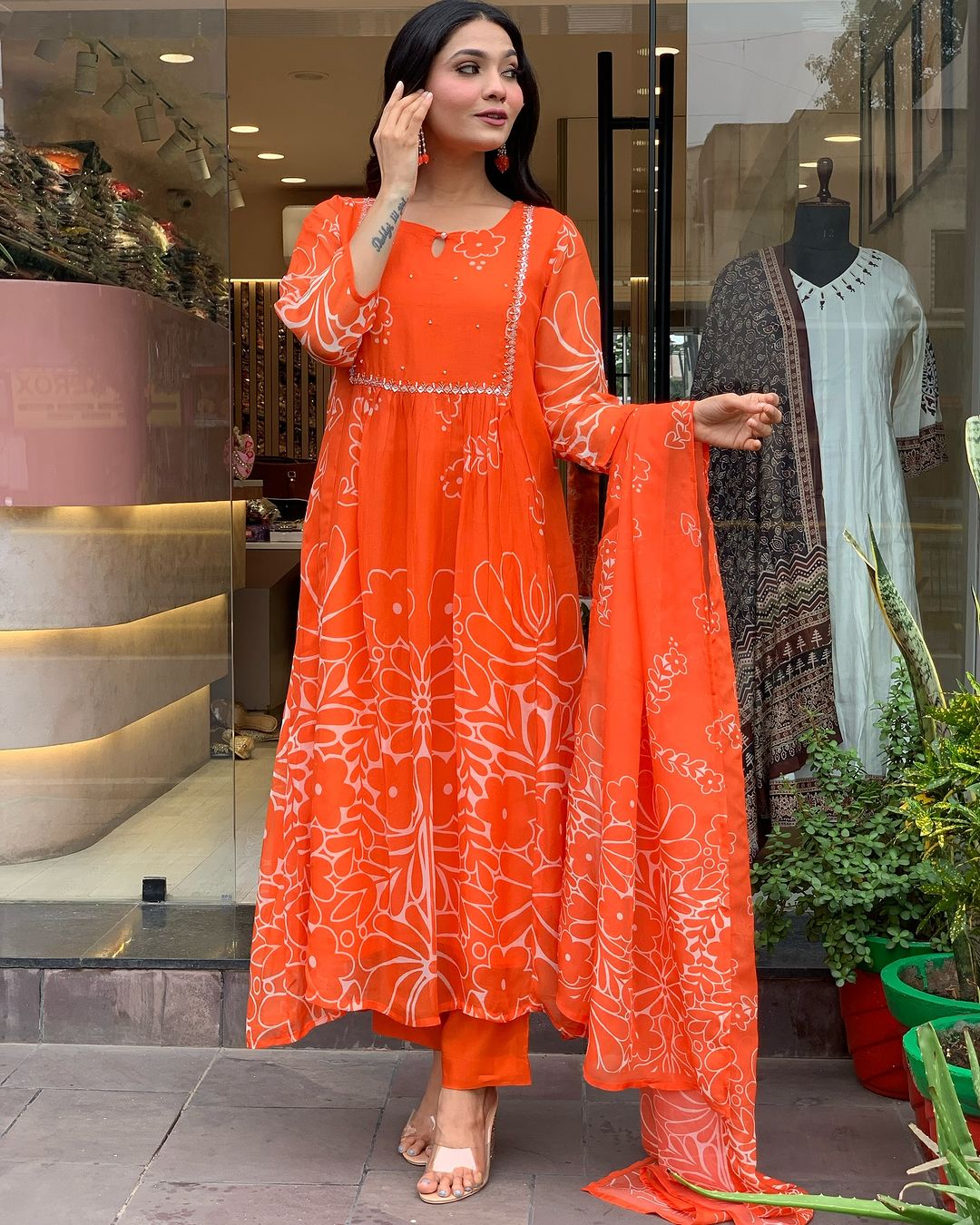Women’s Bright Orange Floral Printed Anarkali Kurta Set with Dupatta