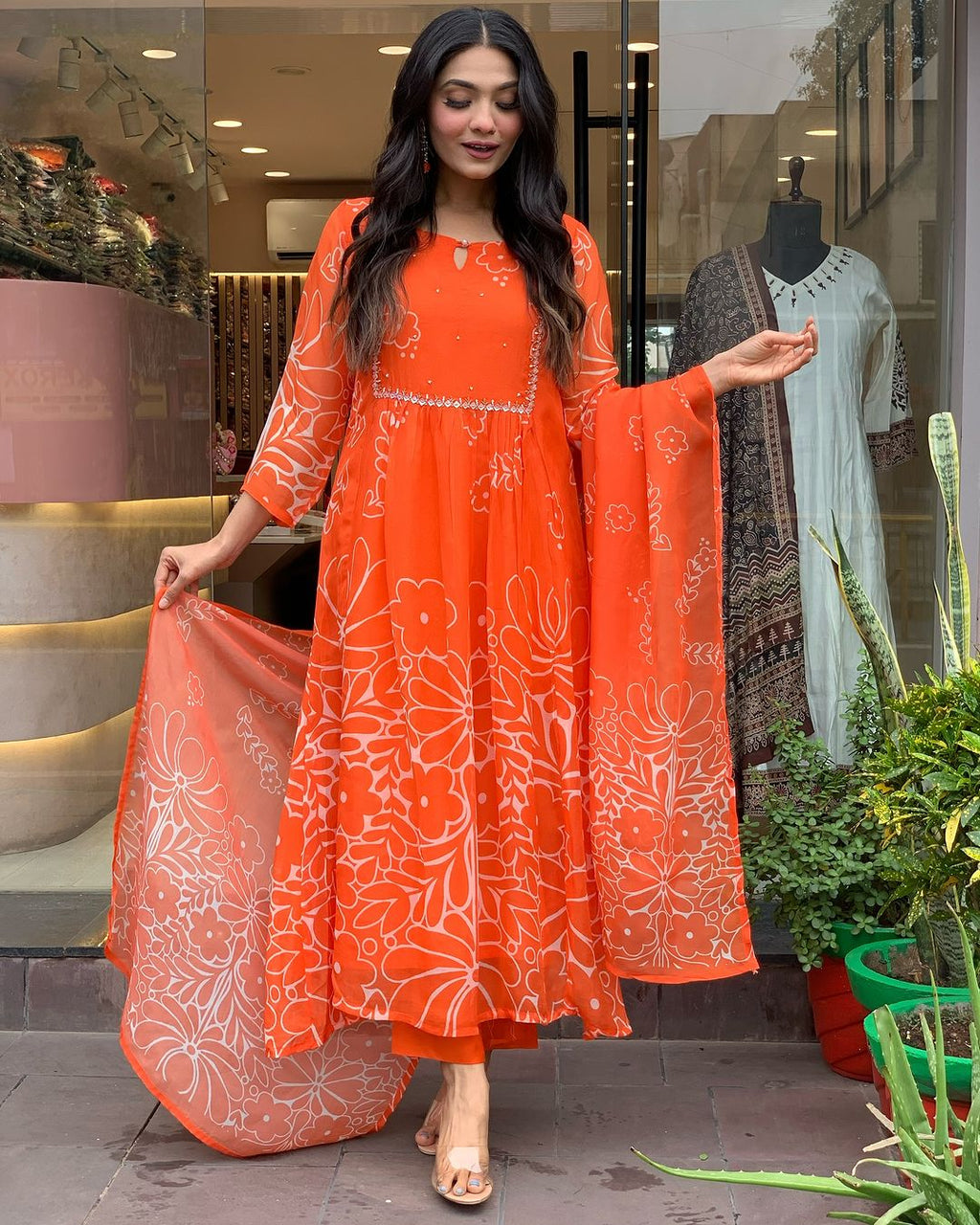 Women’s Bright Orange Floral Printed Anarkali Kurta Set with Dupatta